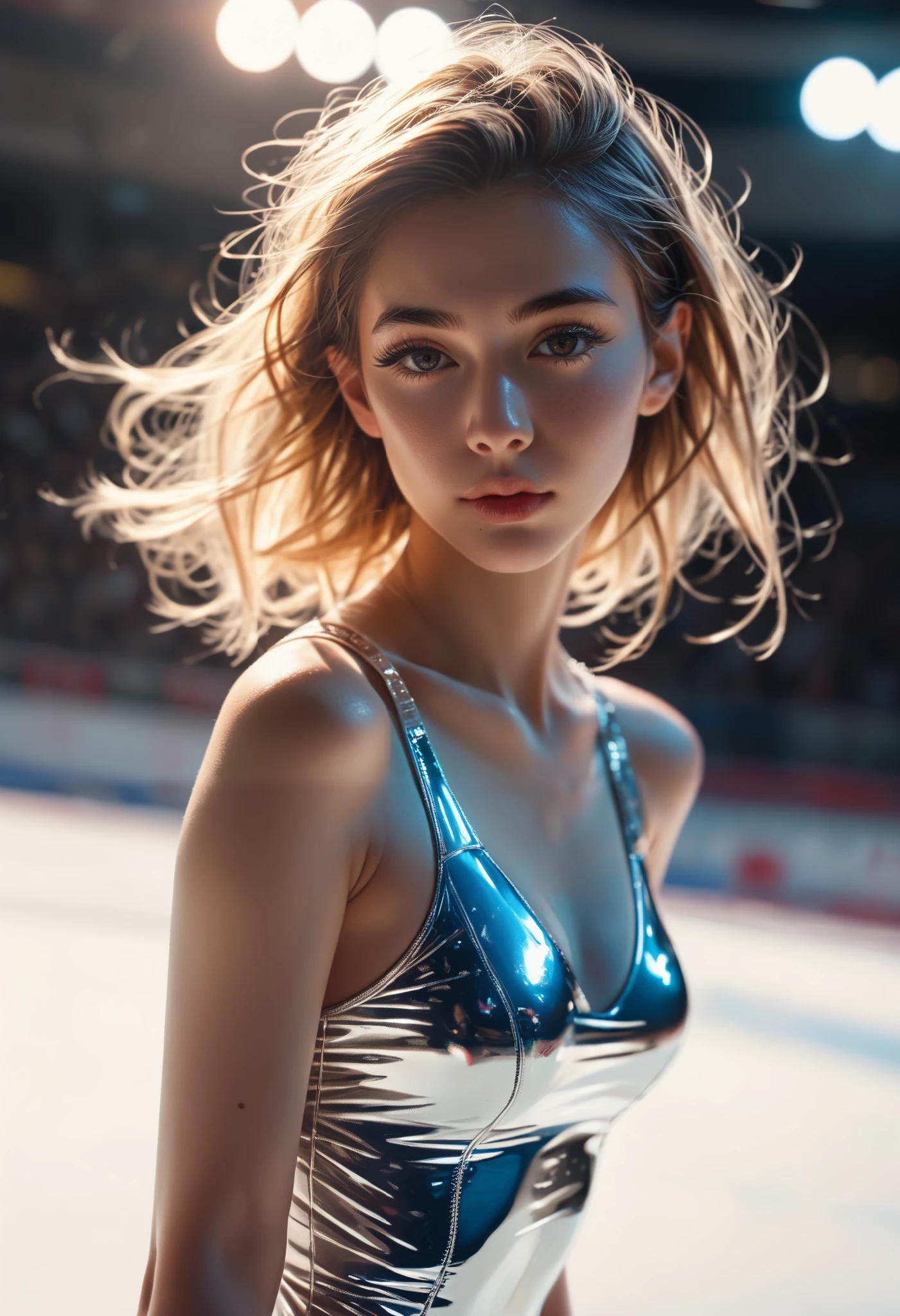 A beautiful ice skater performing a spinning jump, detailed face, long eyelashes, athletic body, elegant pose, ice rink, spotlights, dramatic lighting, neon colors, cinematic composition, hyperrealistic, 8k, intricate details, volumetric lighting, photorealistic, concept art styl、、