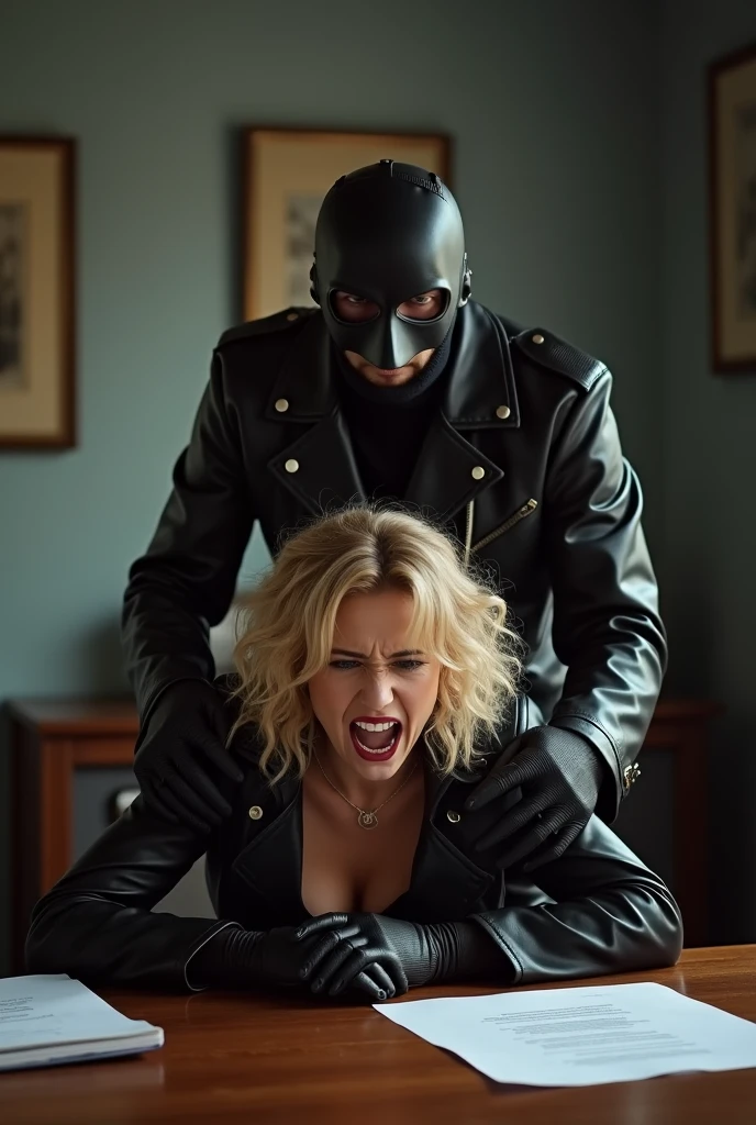 (photorealism:1.2), middle aged caucasian woman, (age 38:1.5), uncomfortable pose, realistic, intricate details, warm colours, blonde white hair, shoulder length bobcut hair, rough face skin, short height, thick thighs, sweaty, textured aged skin, tanning lines, small breasts, skinny-fit, dog collar, black blindfold, dark red uneven lipstick, wearing pink very tight high-waist cotton thong with a heart ❤️ on it , full body visible, legs spread, tight see through high-waist t-shirt, hands above head, in a big dark basement, endured face, no tattoos, mouth open, showing goey tongue, squatting on a soiled mattress, tall skinny Caucasian young man standing above her, young man is wearing balaclava, ((4K)), wet nipples poking through torn t-shirt, young man is pulling her hair up, 