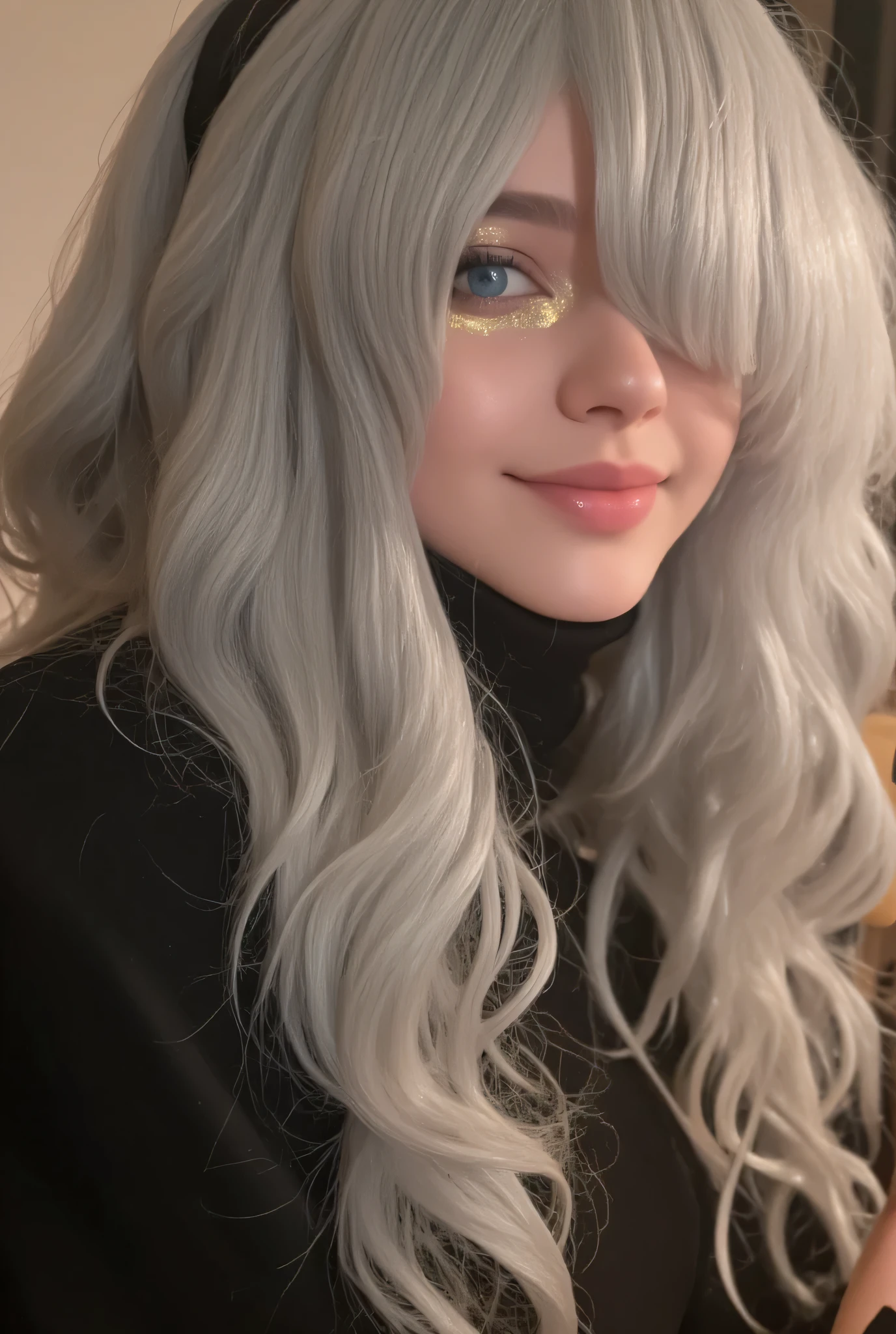   A beautiful woman with beautiful eyes :1.2, detailed eyes,(light blue eyes)beautiful full lips ,(lips painted in gold color ) highly detailed eyes and faces,  Long eyelashes,( silver hair),( Long wavy hair) cute expression, smile,  session:1.4,home background  , , chimney, warm light,  lighting and detailed shadows ,  anime style , 8K, Hi-Nothing,  Masterpiece:1.4,  bright colors,brasier navideño pechos super enromes a la luz de la chimney..