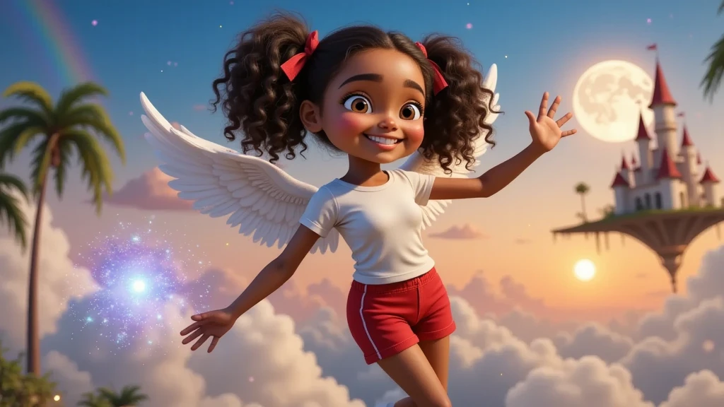 Style: Inspired by Disney-Pixar style films, characters and promotional paintings.          

Characteristics of the girl: An  girl, light-skinned, mixed race, daughter of a black father and white mother, curly hair, almost afro tied in two ponytails with red ribbons. She wears a simple white T-shirt, short red shorts, white socks and white sneakers. She is charming, captivating and her smile enchants everyone. Her expression should be serene and peaceful, as if she were dreaming of something wonderful.

A GIRL, , flying down with closed eyes and AND ARMS OPEN LIKE A DREAM  a peaceful smile, flies ,   , above the clouds. In the background, a magical sky with sunset hues, soft rainbows and a distant floating castle. Alice's expression is serene, with a slight smile. Add soft light around her, creating an angelic and relaxing effect. IS A BEAUTIFUL NIGHT WITH AMAZING STARS AND MOON

The image is a poster for a movie. THE CHARACTER SHOULD BE POSITIONED ON THE RIGHT OF THE IMAGE. ELEMENTS THAT COMPLEMENT THE IMAGE, SUCH AS THE CASTLE, SHOULD BE IN THE CENTER IN THE BACKGROUND. THE LEFT SIDE CAN BE COVERED IN CLOUDS.

Visual Details: Each element of the scene should contain attention to detail, with vibrant colors, realistic textures and lighting effects that create a magical atmosphere. The environment should overflow with charm and beauty, with an emphasis on the playful nature of the scene.