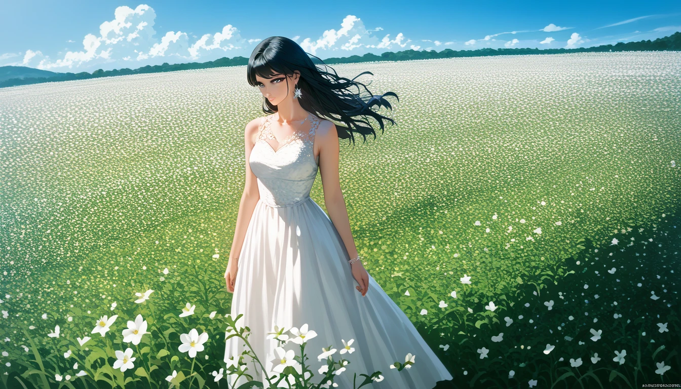 ((masterpiece)),(((bestquality))),((ultra-detailed)),((illustration)),dynamicangle, 1girl,solo, white dress, black hair, standing alone in the middle of flower field, white flower, lots of flower, cinematic, beautiful