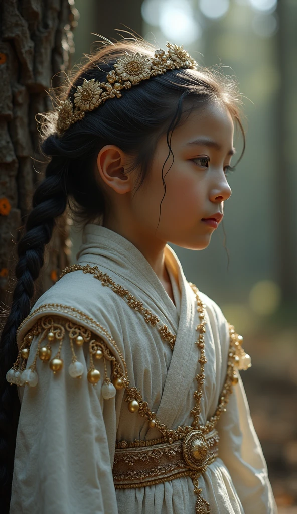 long hair standing cowl headband on forehead small room guarding protecting standing next to wall watching area no emotions sword on her back