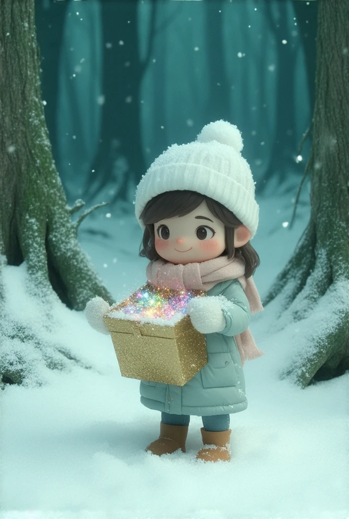  Cartoon Style , Snow Adventure ,  It's snowing on a small piece of land ,  I saw Snow in the Rainforest ,  It's snowing on a small piece of land  , The  in a hat and a beautiful jacket with soft gloves is soft {x} and on the snow lies an open gold box with different bright colors that shimmer in different colors,  masterpiece fails,  Maximum quality ,  masterpiece fails,  complex , bright colors,  better quality ,  Lots of Details , 8 k, Pixar style,