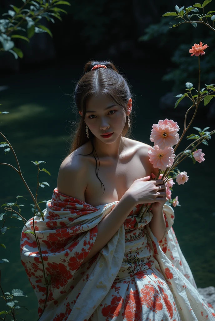 8k, high definition, HQ, UHD, (Photorealistic: 1.4), Masterpiece, High-detailed realistic photo of (Geisha Girl: 1.4), 27 years old, (Nude: 1.3), (Wet: 1.3, Embracing her chest), (In the river, waterfall, forest), Slender figure with irezumi tattoo, Facing forward, Hanging big breasts, Sexy pose, Body details, Perfect body proportion, Sexy pose, Perfect and detailed hands, White and clear skin, Looks sexy, Transparent smile, Symmetrical face, Perfect facial features, Perfect and detailed face, Perfect face with smooth and soft skin, Slender light gray-blue eyes, Perfect and detailed lips, Slightly open mouth, Japanese bun details, Traditional hair ornaments, Perfect composition, Dynamic lighting, Elegant atmosphere, Blue-red tone, Low angle view, View from below, Focus on face, Exposing nude body, Volume lighting, Photon mapping