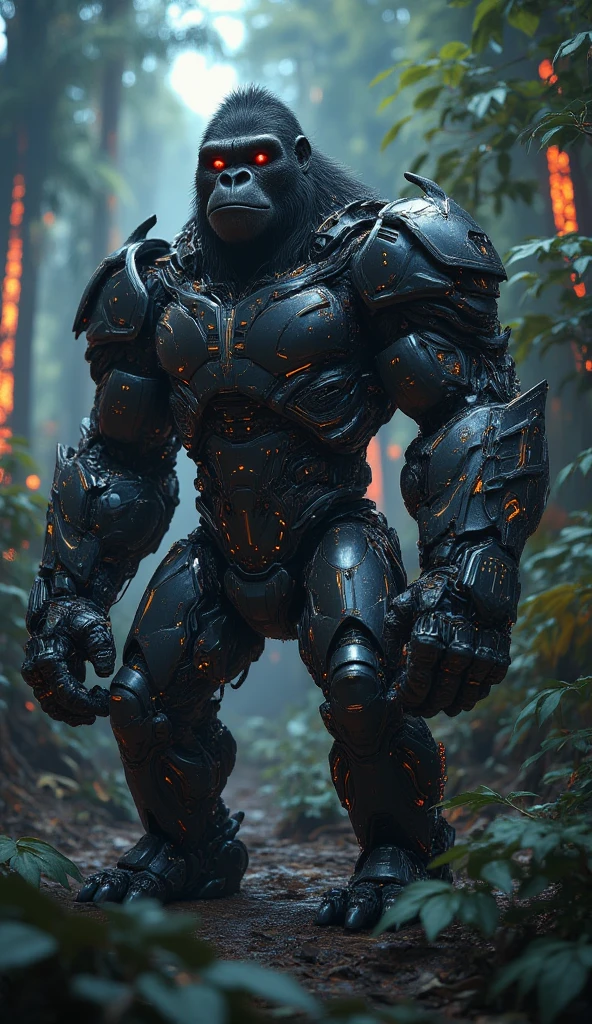 A futuristic hybrid of a gorilla and a mech robot, built for ultimate strength. The mech’s body is fused with the gorilla’s muscular frame, with glowing circuits running along its black fur. The face is a blend of organic features and robotic armor, with red glowing eyes and a mechanical jaw. Its arms are massive, equipped with reinforced metal fists that can crush steel. The backdrop is a cyber-jungle, with neon-lit trees and holographic wildlife, adding a sci-fi twist to the raw power of this hybrid creation.
