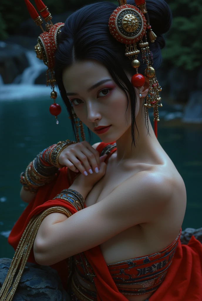 8k, high definition, HQ, UHD, (Photorealistic: 1.4), Masterpiece, High-detailed realistic photo of (Geisha Girl: 1.4), 27 years old, (Nude: 1.3), (Wet: 1.3, Embracing her chest), (In the river, waterfall, forest), Slender figure with irezumi tattoo, Facing forward, Hanging big breasts, Sexy pose, Body details, Perfect body proportion, Sexy pose, Perfect and detailed hands, White and clear skin, Looks sexy, Transparent smile, Symmetrical face, Perfect facial features, Perfect and detailed face, Perfect face with smooth and soft skin, Slender light gray-blue eyes, Perfect and detailed lips, Slightly open mouth, Japanese bun details, Traditional hair ornaments, Perfect composition, Dynamic lighting, Elegant atmosphere, Blue-red tone, Low angle view, View from below, Focus on face, Exposing nude body, Volume lighting, Photon mapping