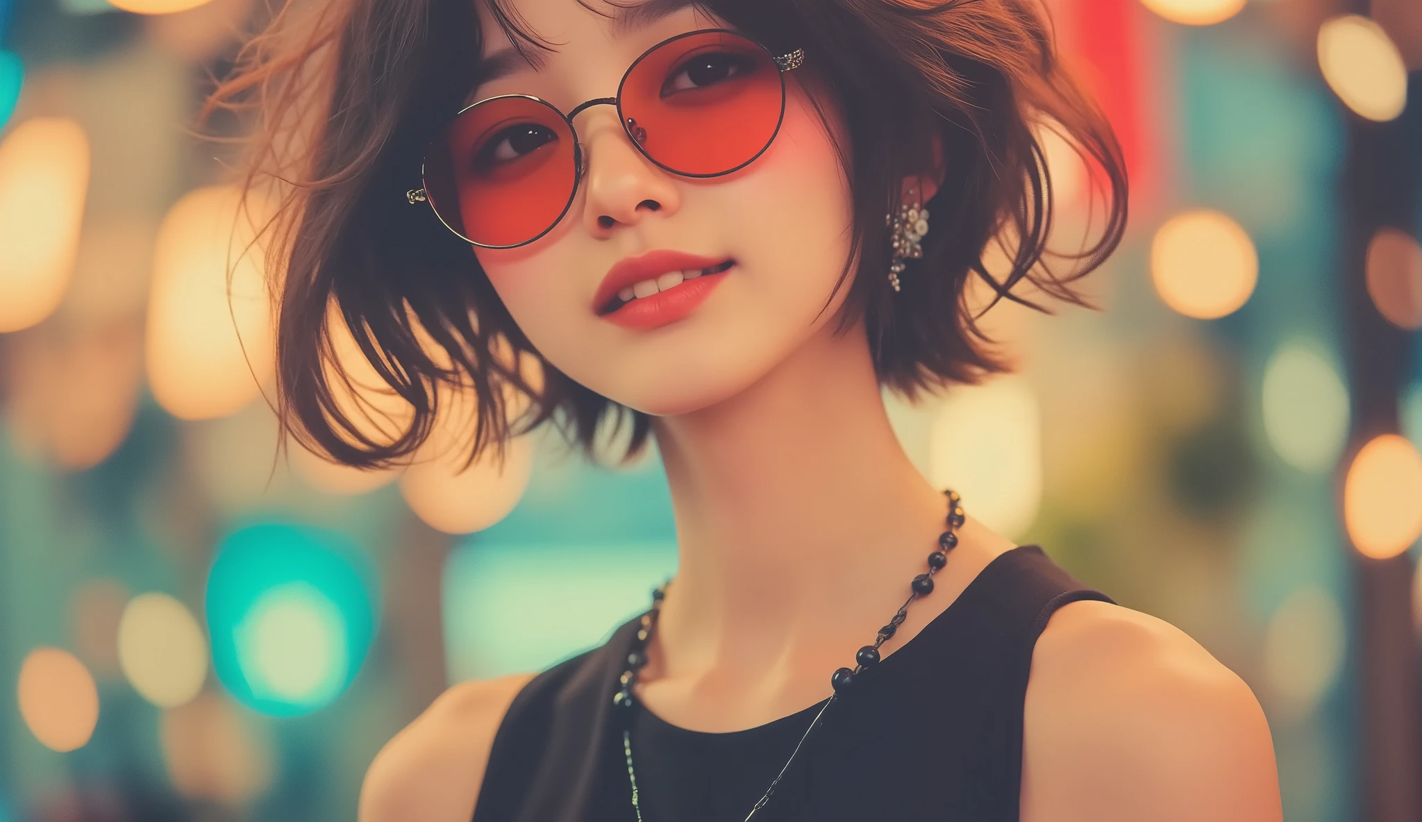 Portrait of a beautiful Japanese woman , stylish close-up, brown hair on one woman, chignon hair, Brilliant surreal color :1.331, Pastel sketch style:1.331, high definition, Digital Artwork , vibrant minidress, brightly colored cocktail glasses , Necklaces , earrings,