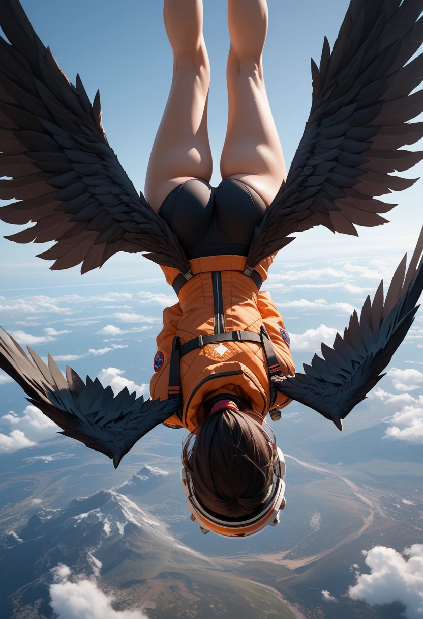 Score_9, score_8_up, score_7_up, 1woman, in free fall, viewed from above, (viewed from behind:1.37), (upside down), high altitude scene, plummeting head first towards Earth, the curve of the planet is visible, dressed in modern space suit, ((black wings extend from her back)), (badly damaged wings:1.3)