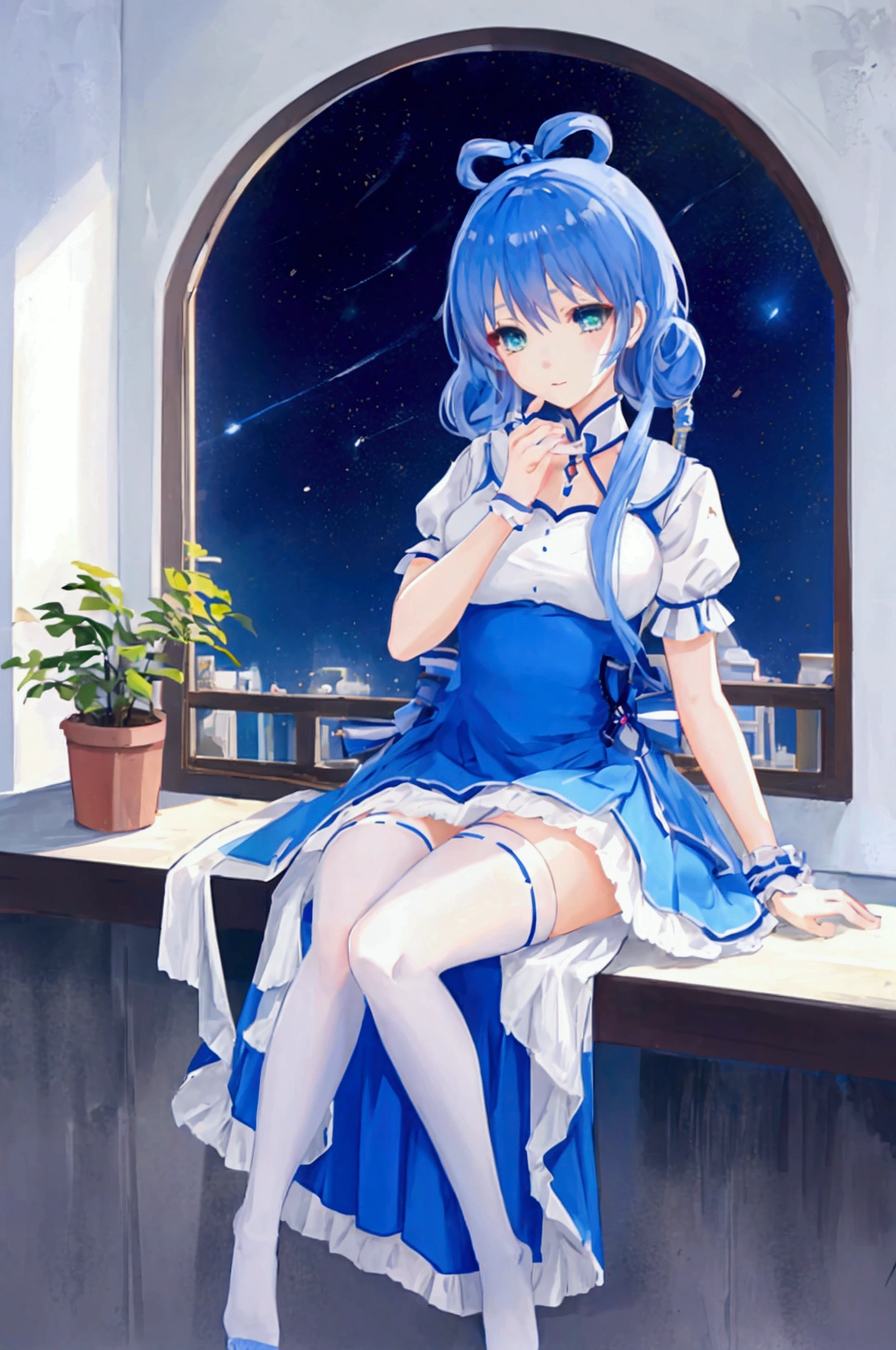 Anime girl with blue hair and blue dress sitting on a window sill,  Animated Cute Style , animated visual effects， Cute Girl,  seductive anime girl  ,  attractive anime girl,  cute anime wearing a beautiful dress,  young anime girl , Beautiful anime high school girl  , Smooth Anime CG Art,  cute anime girl ,  beautiful anime girl ,  high quality anime style, Pretty anime girl, wearing white stockings 