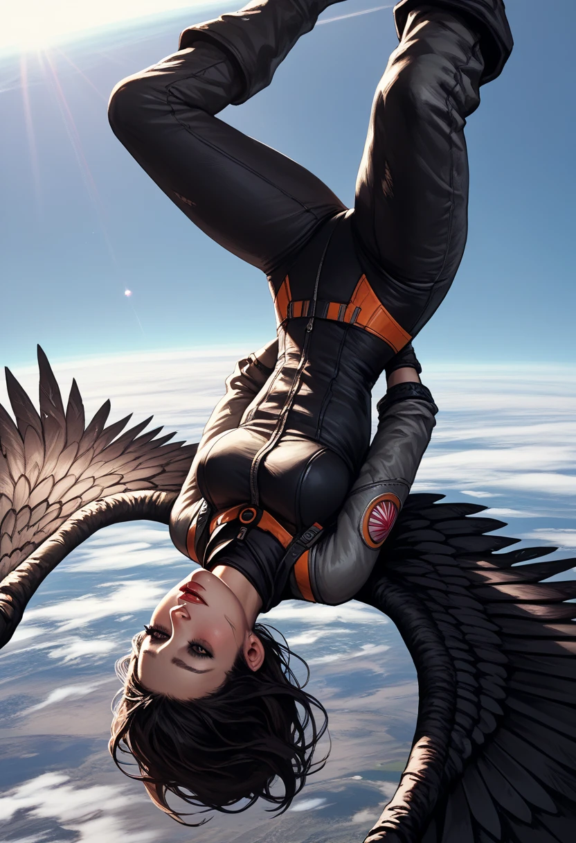 Score_9, score_8_up, score_7_up, 1woman, in free fall, viewed from above, (viewed from behind:1.37), (upside down), high altitude scene, plummeting head first towards Earth, the curve of the planet is visible, dressed in modern space suit, ((black wings extend from her back)), (badly damaged wings:1.3)