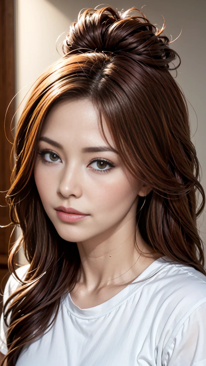  The character in the image has long and voluminous hair ,  of a vibrant red hue ,  that seem to have a brilliant effect .  She wears a simple white t-shirt that highlights her appearance .  His face is expressive ,  with striking eyes that convey a certain depth and mystery.  The makeup is soft , accentuating your traits. In the background, there are graphic elements ,  such as eye drawings and lines ,  that add an artistic and modern touch to the composition .  The overall atmosphere of the image combines elements of beauty and intriguing ,  suggesting a strong and unique personality .