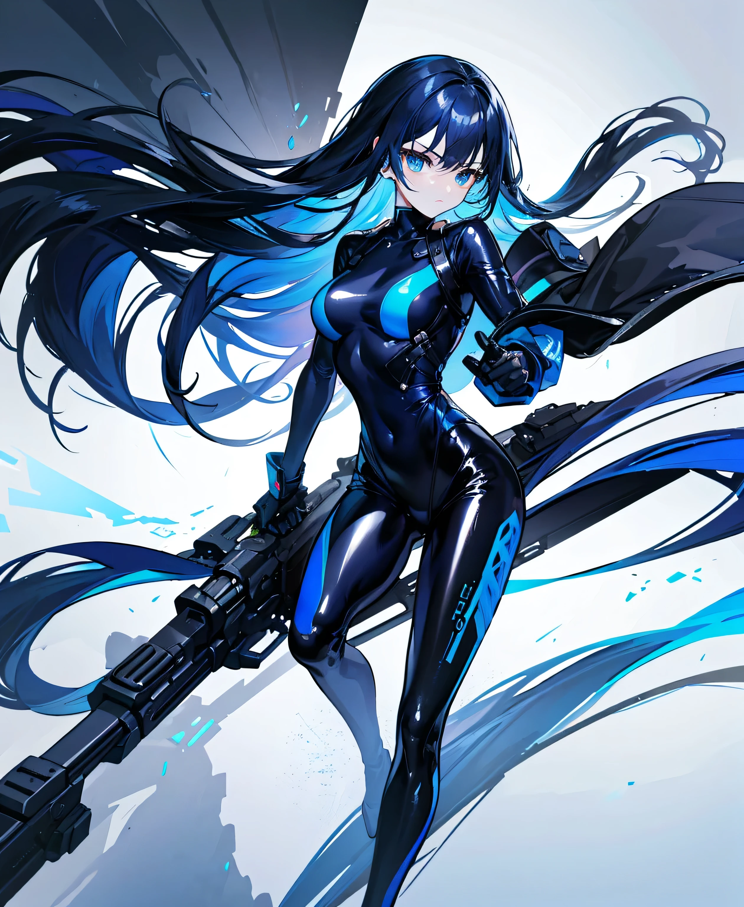 There is no background,,Carry a firearm,Patent leather tight suit,Use of firearms,Navy blue long hair,attention arousal,Blue colored eyes,No gradients
