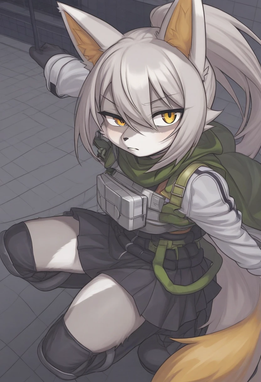 (masterpiece, best quality:1.1), (ultra highres, ultra-detailed:1.2) ,cyberpunk girl,17yo,cute,cheerful,(silver hair,ponytail,wolf ear,sunvisor,wolf-hand groves,(khaki camouflage pattern vest),mini-skirt,wolf tail,knee high socks,platform boots),pose,absurd,extraordinary, in garden on the roof of a building,(fullbody),smile,detailed face,beautiful lighting, volumetric lighting, dynamic angle,pop style,look away,