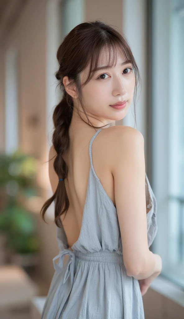 Instagram style, a young Sexy and cute slender Asian woman with medium-length hair,single braid ,wearing a light gray sleeveless dress over a white inner top, soft makeup, gentle smile, provocative pose, casual and modern setting. Viewed from behind,she is looking back ,