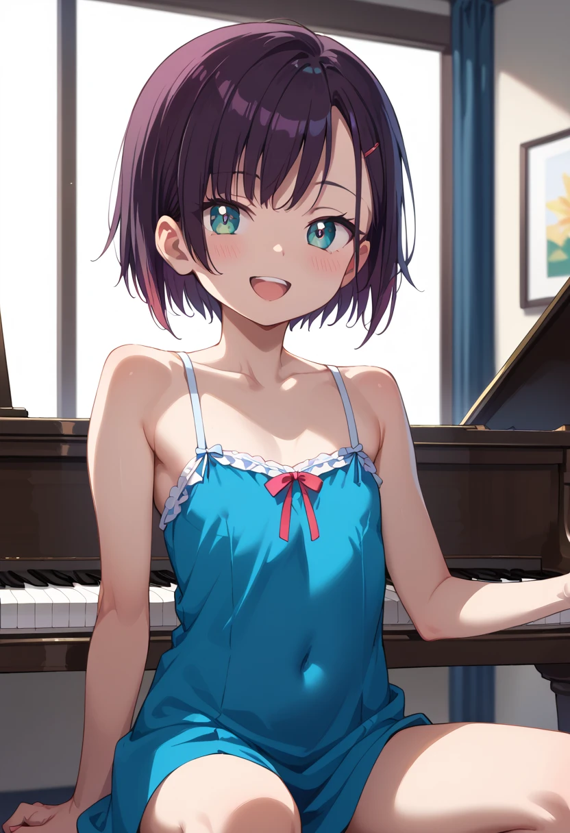 (( top quality )), ((masterpiece)), (be familiar with),  perfect face, indoor, bedroom,  is watching viewers,
One woman, Mikazuki Kan,
 open mouth,  ecstatic expression beside the piano, blush, smile,
 small ,  flat chested, Young girl, Lori,  kids,  girl,
Short Hair,  short hair,
Leg spread,