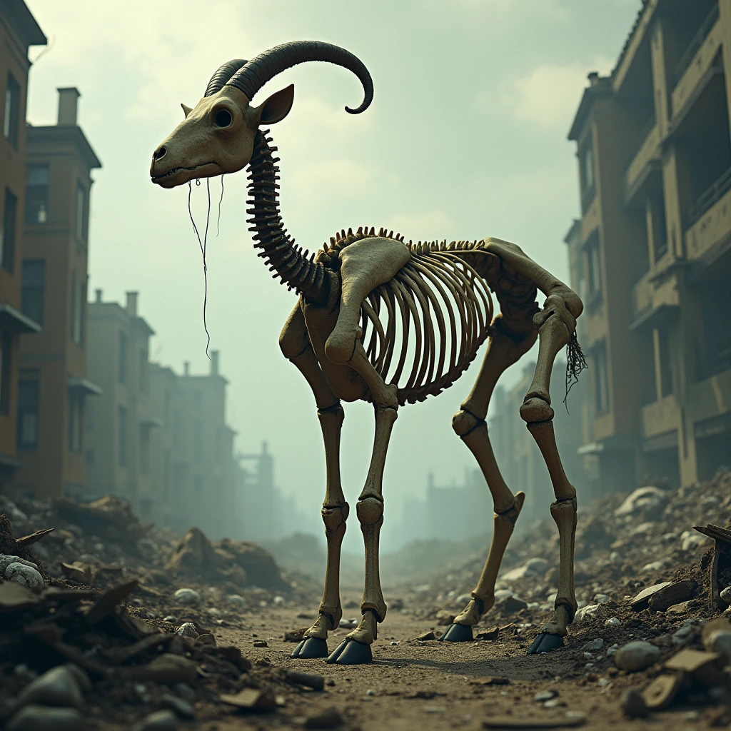 A menacing skeletal centaur standing at 3 meters tall. Its upper body is that of a human skeleton with a human skull for a head. The skull has glowing, hollow eye sockets. Two large, curved horns extend from the forehead, bending backward slightly. The transition from the horse's neck to the human torso is smooth, creating a seamless blend. The ribcage and spine of the human torso are exposed, adding a haunting appearance. The lower half of the body is that of a skeletal horse, with bony legs and an ethereal tail. The centaur serves as a city guardian, and there are three of these formidable creatures, each imposing and vigilant. The background features a European-style building with classic architecture, adding an eerie contrast. The setting is dimly lit, with dramatic shadows that enhance the ominous presence of the centaur.