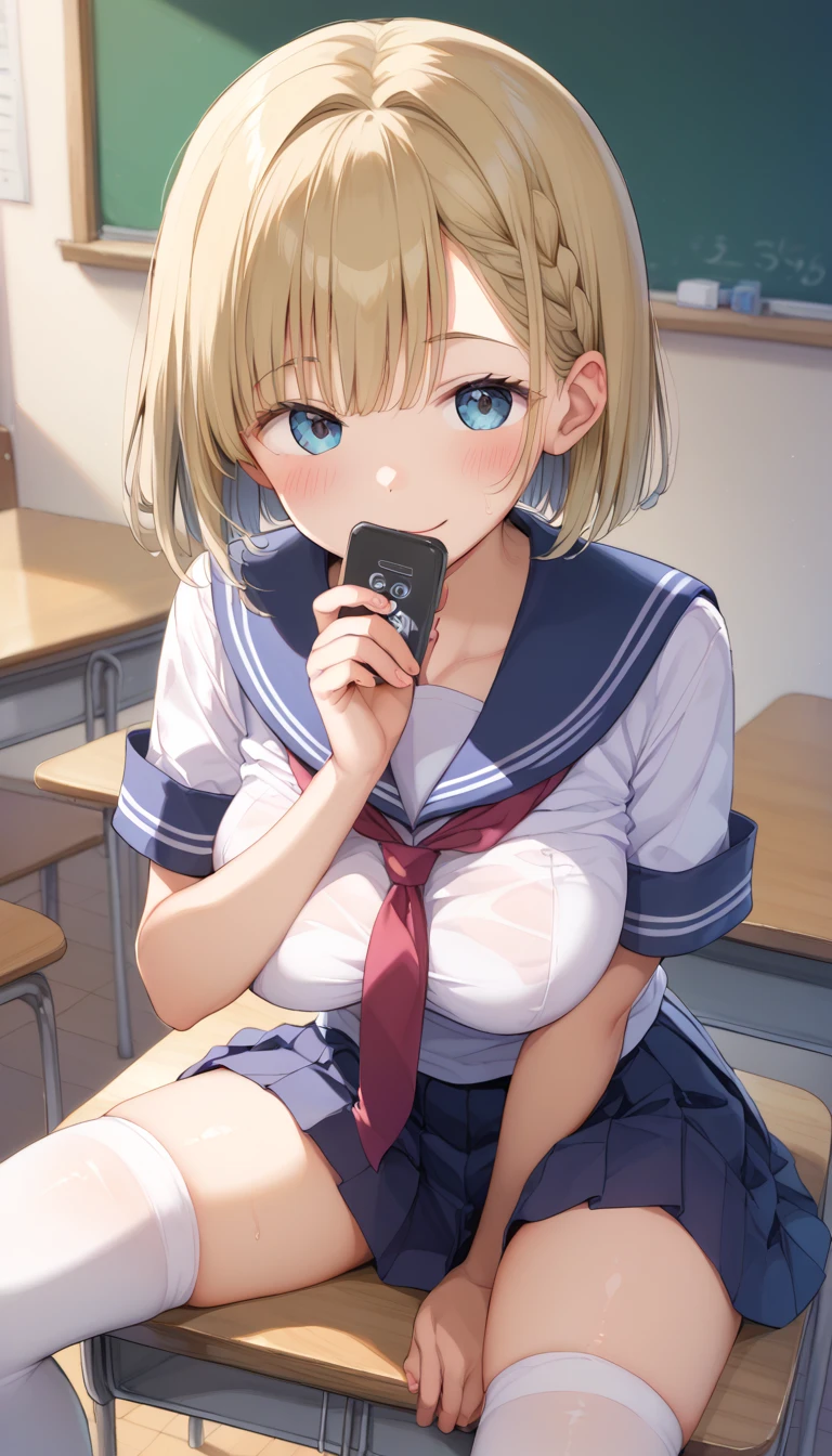 A close-up of a person sitting at a table with a cell phone, the anime girl is crouching, pose distorsionada, figura animada, hyperrealista , pose de anime, anime figualsoe, figura emergente del desfile, oppai, also, anime peripheral, a hyperrealista , pvc figualsoe, pose sexy, kyoani, grueso, realista 