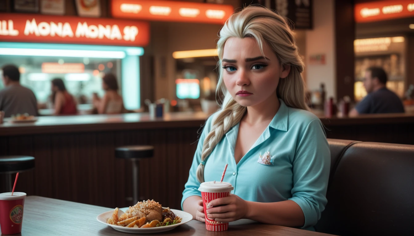 disney parody realistic situation, fat and tired moana and elsa working in fast food, both fat and richless, photorealistic, 4k, highly detailed, masterfully painted, dramatic lighting, vibrant colors, cinematic composition