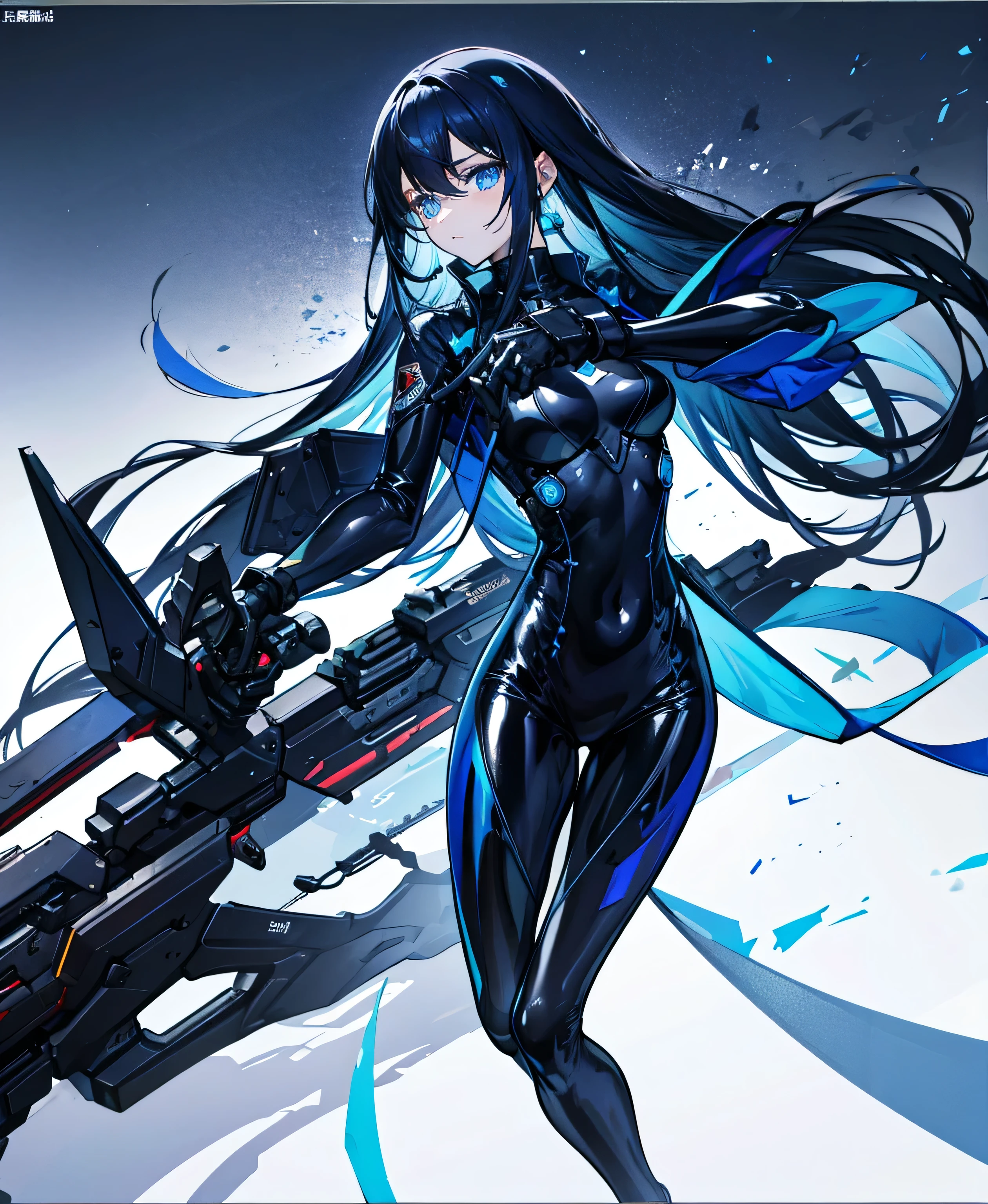 no background,girl,carry a firearm,Enamel-like tight suit,use of firearms,dark blue long hair,attention arousal,blue colored eyes,no gradation