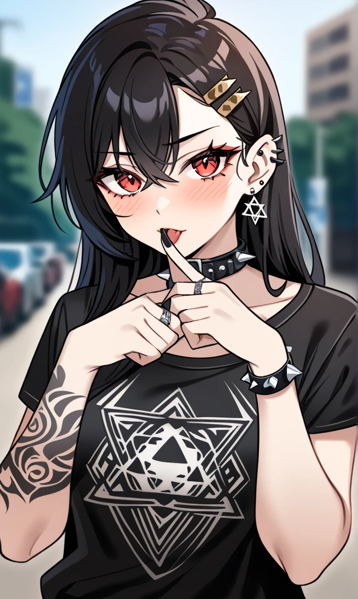 HDR,Ultra HD,8k, best quality , highres icon,absurdities, masterpiece , highly detailed ,
1 ,jewelry,Alone, Red Eyes, black hair, long hair ,shirt,black shirt,Picos,black nails,earrings, looking at the viewer ,hair ornament,short sleeve, blurry background, Upper body ,ring, with your mouth shut,collar,tattoo,ear piercing, hair between the eyes,bracelet,blurry,cruzed bangs, nail polish,Star of David,hand raised,piercing,cruz,Blush, choker,Hexagram,collar,arm tattoo,punk, outdoor,index finger raised,spiked bracelet, hair clip,t-shirt,multiple rings,spiked collar,black  choker, full body,