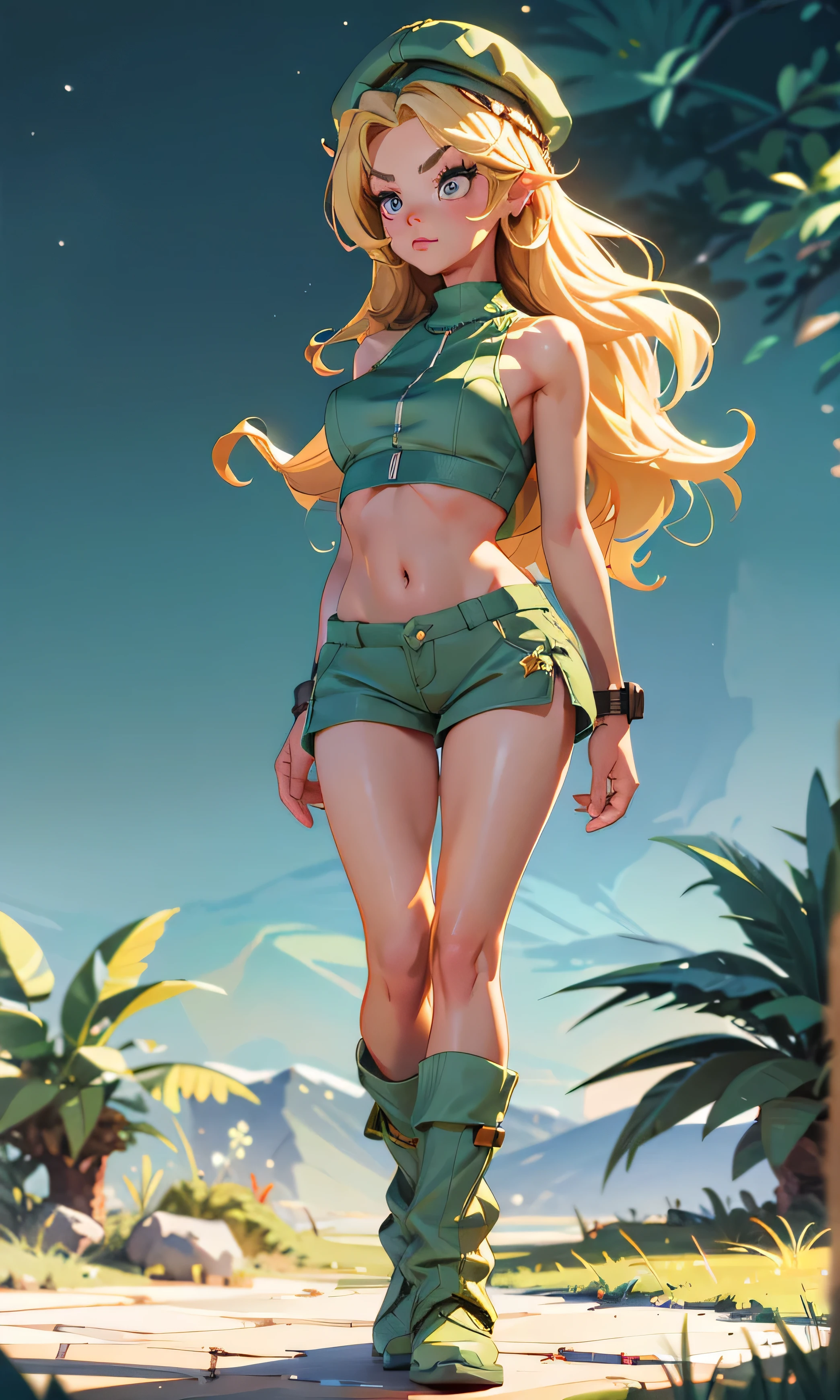  Masterpiece, 1 girl, beautiful, slim, head on,  looking at the spectator ,  long hair,  blond hair , brown eyes,  arched eyebrows ,  Full body , breasts,  pretty legs, abdomen plano, wool cap, Micro Top Verde, Crop top,  bare shoulders, neckline, Ripped top ,  green shorts , green winter boots, (((desnuda))),  in the woods, dark sky, dry trees ,
