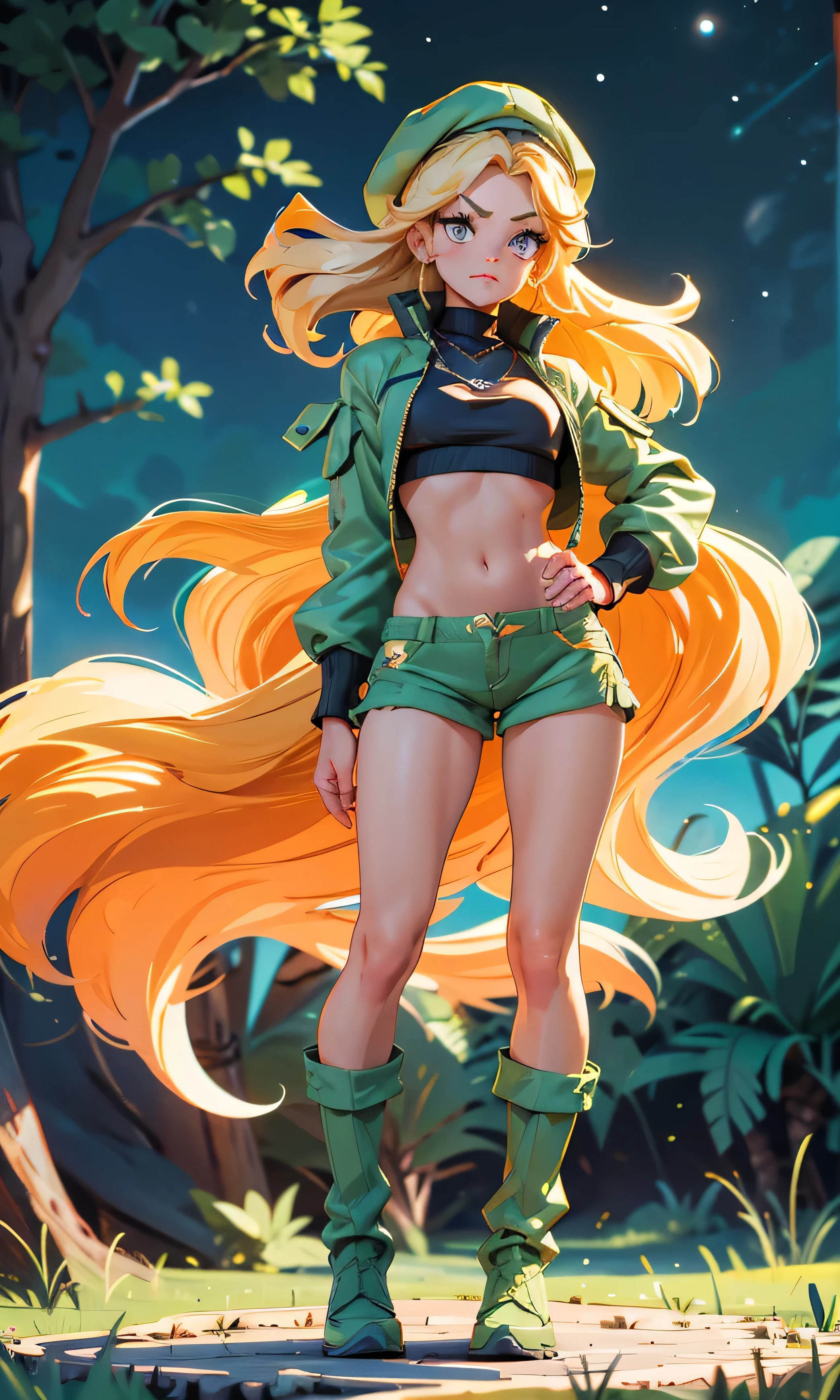 Masterpiece, 1 girl, beautiful, slim, head on, looking at the spectator , long hair, blond hair , brown eyes, arched eyebrows , Full body , pretty legs, abdomen plano, wool cap, Micro Top Verde, Crop top, hombros descubiertos, neckline, Ripped top , green shorts , green winter boots, (((desnuda))), in the woods, dark sky, dry trees ,