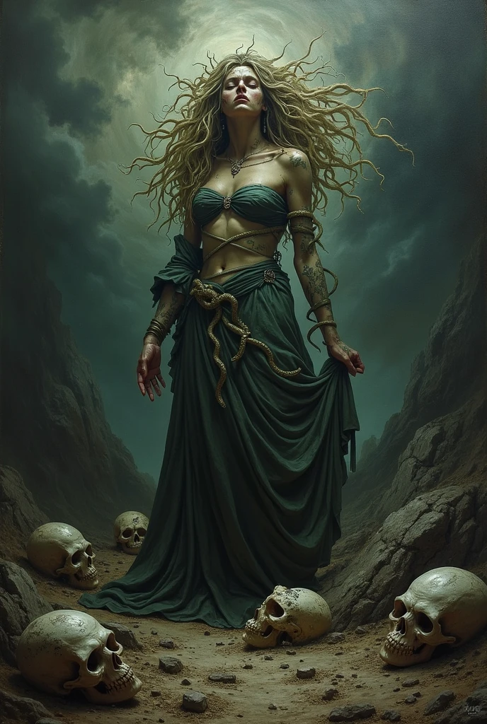 a impressionistic oil painting of Sandy blonde and Flame Red, most excellent details, H.P. Lovecraft, (monster:1.1), torn cloth, fangs, moist, dressed, female humanoid, intimidating, eery, (ugly:1.1), rotten, decayed, tentacles, intestines, slime, covered body, rags