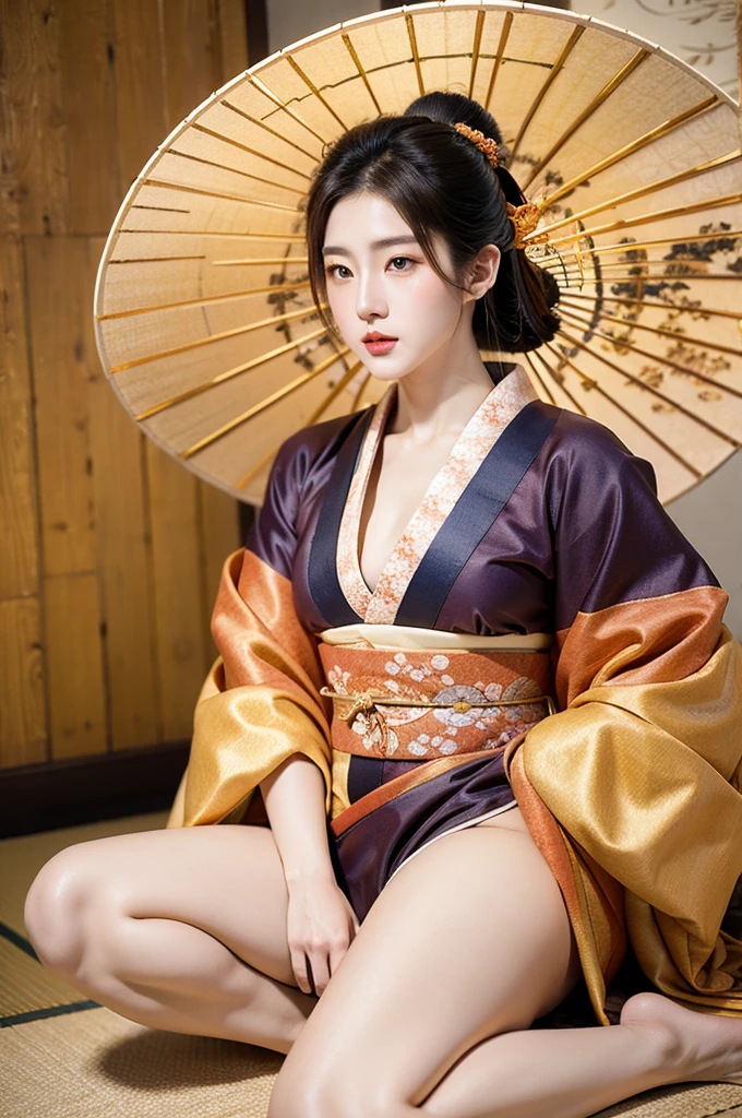 gorgeous oriental woman, black hair in an elaborate hairstyle, elegant embroidered kimono, sakura flower embroidery, gold details, full body shot, cleavage, bare shoulders, standing, large breasts, alchemist, strapless dress, vials
, potions, updo, blank background, white background, lulu, ffx