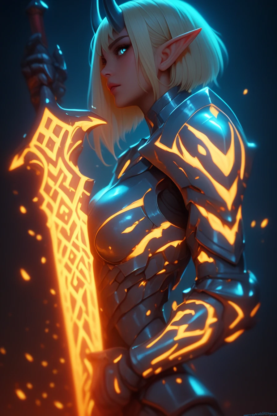 score_9, score_8_up, score_7_up, upscale 2x,(Pov from the side, a beautiful blonde female elf with blue eyes and horns, wearing dark blue armor with orange glowing details, holding a runesword by the handle point the sword down, the sword is blue with orange glowing details, dark in background:1.2)