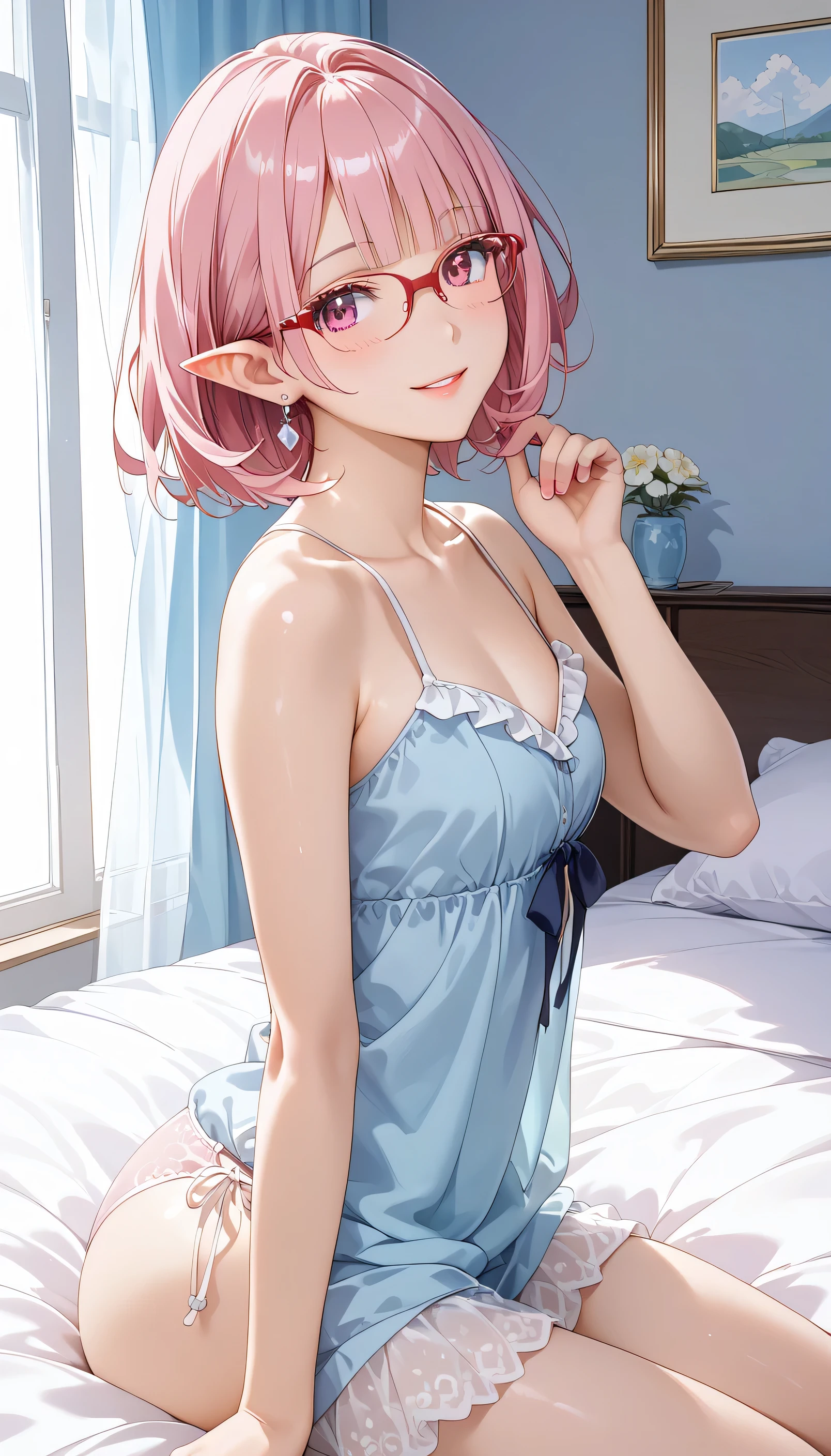 maSterpiece、 top quality、 Super detailed (((S、 girl、、Six-headed、 S))), one girl , Beautiful lighting、1 girl、(((Adorable )))、((( SleepS in bed )))、(((LotS of frillS 、oneSer:))、 ((( red glaSSeS)))、A little bluSh、Young Face、Tiny Wren 、 girl and、cute、( Shiny lipS:1.1)、( beautiful eyeS:1.1)、 cloSe their mouth 、Beautiful Hair 、 Short hair、 bob cut、 pink hair、 red glaSSeS、 pink eye、Elf EarS、 、 flat cheSted、Smile、maSterpiece、 top quality、 high definition 、 cowboy Shot、from Side、 Staring at viewerS、curve、blunt bangS、lightSmile、 dim room、bedroom、 on bed 、