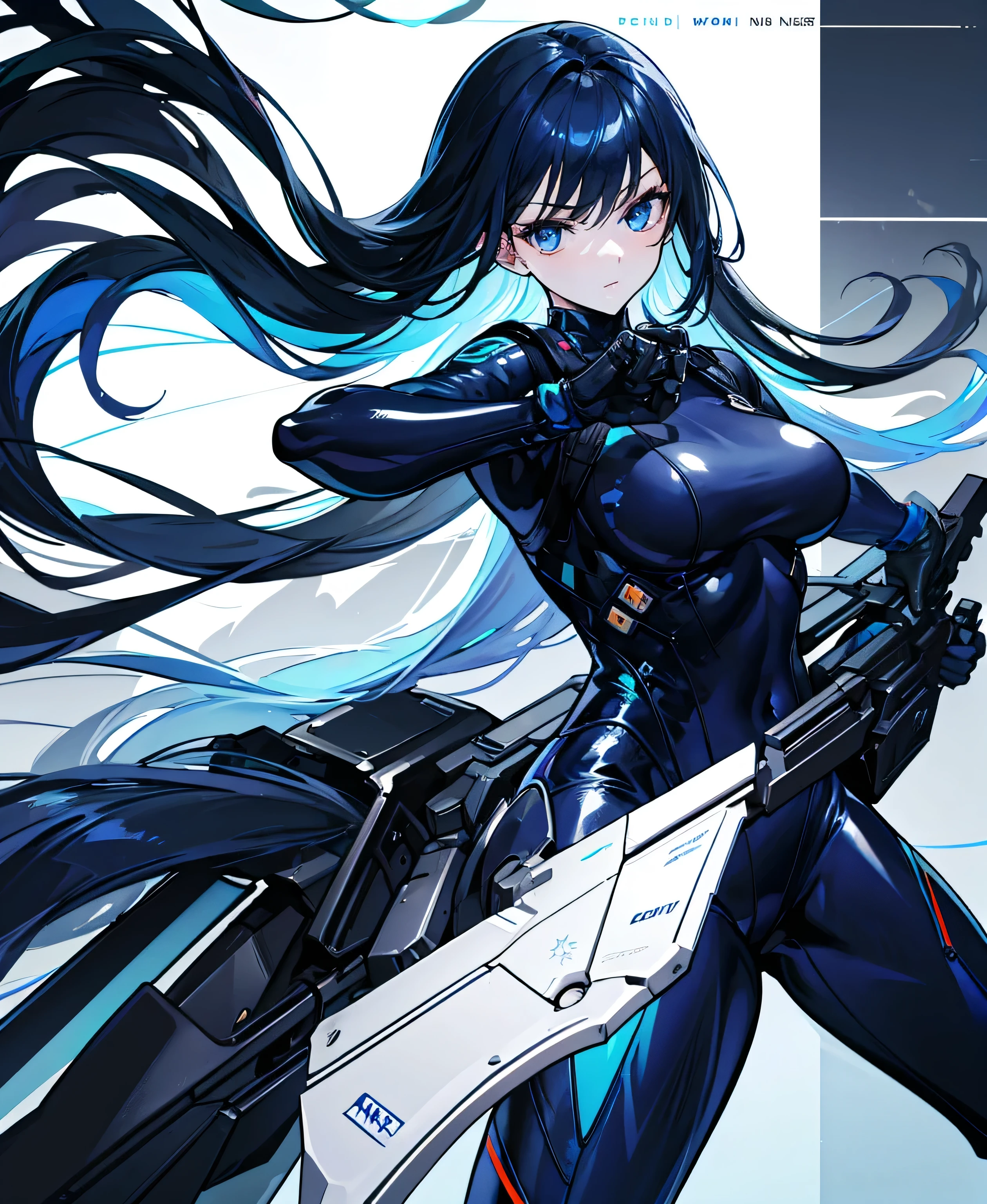 no background,girl,carry a firearm,Enamel-like tight suit,use of firearms,Navy blue long hair,attention arousal,Blue colored eyes,no gradation