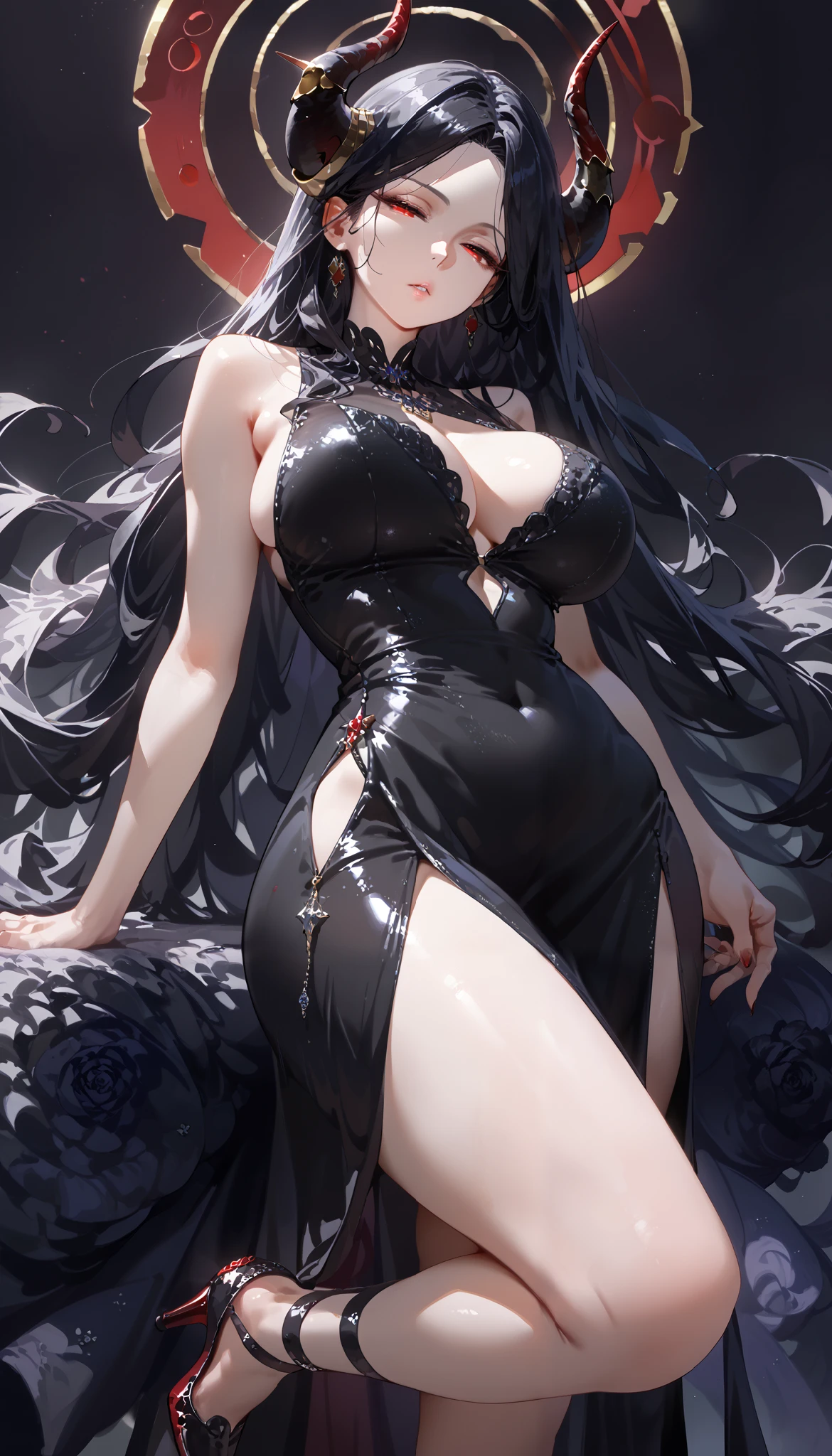 masterpiece, Score_9, front view, 1 woman, mature woman, solo, black hair with red streaks, long hair, parted bangs, flowing hair, dark red eyes, half-closed eyes, parted lips, expressionless, pale skin, large breasts, body suit, long black dress, one-piece dress with violet patterns, best quality, ultra detailed, horns up, black sleeveless dress, side-slit dress, deep V-neck, high heels, whole body