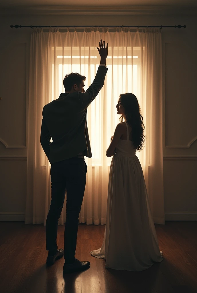A silhouette of a woman with curls as she takes the hand of a tall black silhouette of a man. ((black aura))