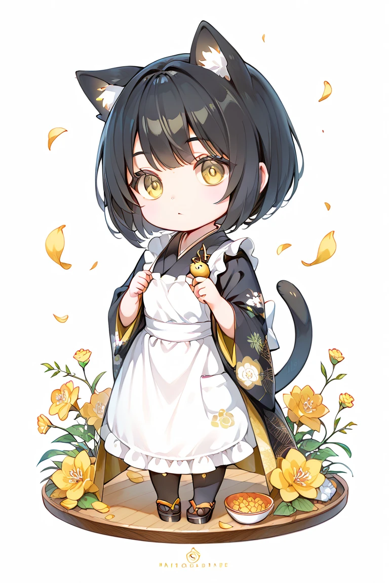 1girl, chibi, big droopy eyes, gold eyes, black hair, bob cut,
black cat ears, black cat tail, kimono, white apron, lots of yellow petals,
colored pencil, (masterpiece, best quality, hyper detailed),