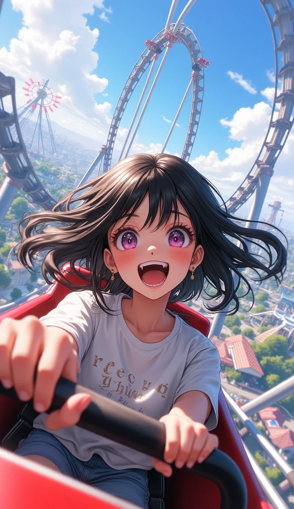 masterpiece, best quality, amazing quality, 8k, ultra-detailed, 1 anime young woman sitting on a front-row seat of long roller coaster falling a slope, falling steeply, dropping, steep descent, beautiful detailed eyes, beautiful detailed lips, extremely detailed face, long eyelashes, detailed facial expression, faces with mix of exhilaration and terror, thrill-seeking expression,  adrenaline-filled, excitement, wind in hair, hair and clothing whipping wildly in the wind, safety bar locked across her laps, holding a safety bar, steep, dramatic drop, background shows a blur of tracks, looping rails, and a distant amusement park with towering rides under a clear blue sky, sunlight creates dynamic highlights and shadows, motion, energy, intense, immersive, thrill, rush, steep descent, high-speed motion blur, cinematic lighting, vibrant colors, realistic depth of field, dynamic angle