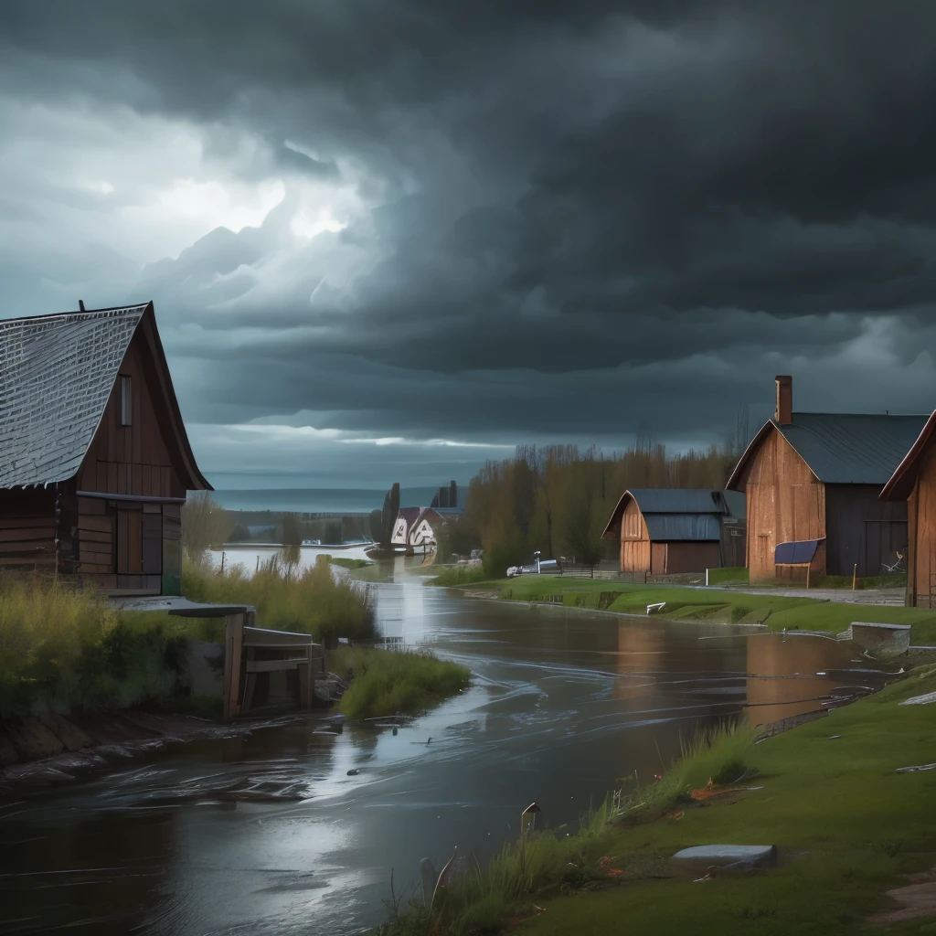 there is a river with a bridge and a house in the distance, russian landscape, russian village, gloomy weather. high quality, against a stormy sky, by Svetlin Velinov, of a small village with a lake, russian villages at background, hdr photo, by Ihor Podolchak, by Pavel Fedotov