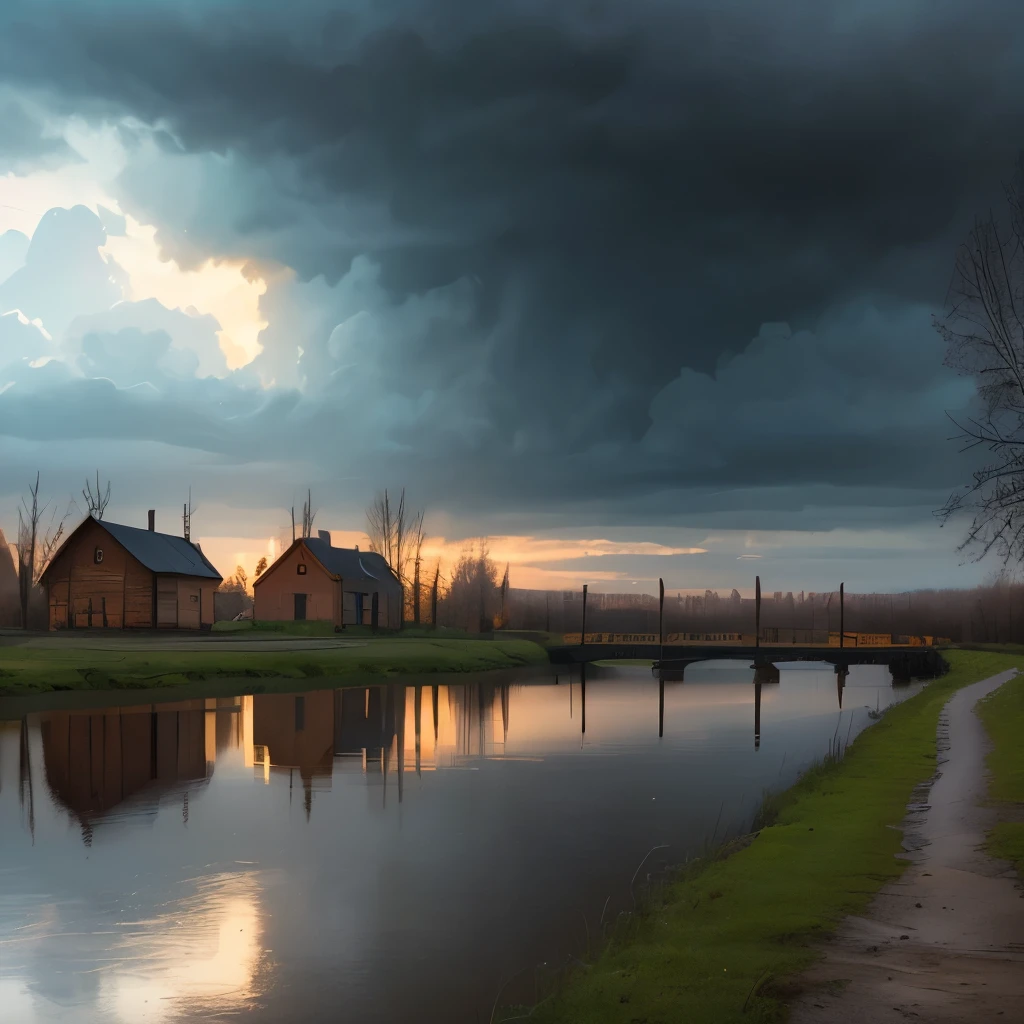 there is a river with a bridge and a house in the distance, russian landscape, russian village, gloomy weather. high quality, against a stormy sky, by Svetlin Velinov, of a small village with a lake, russian villages at background, hdr photo, by Ihor Podolchak, by Pavel Fedotov