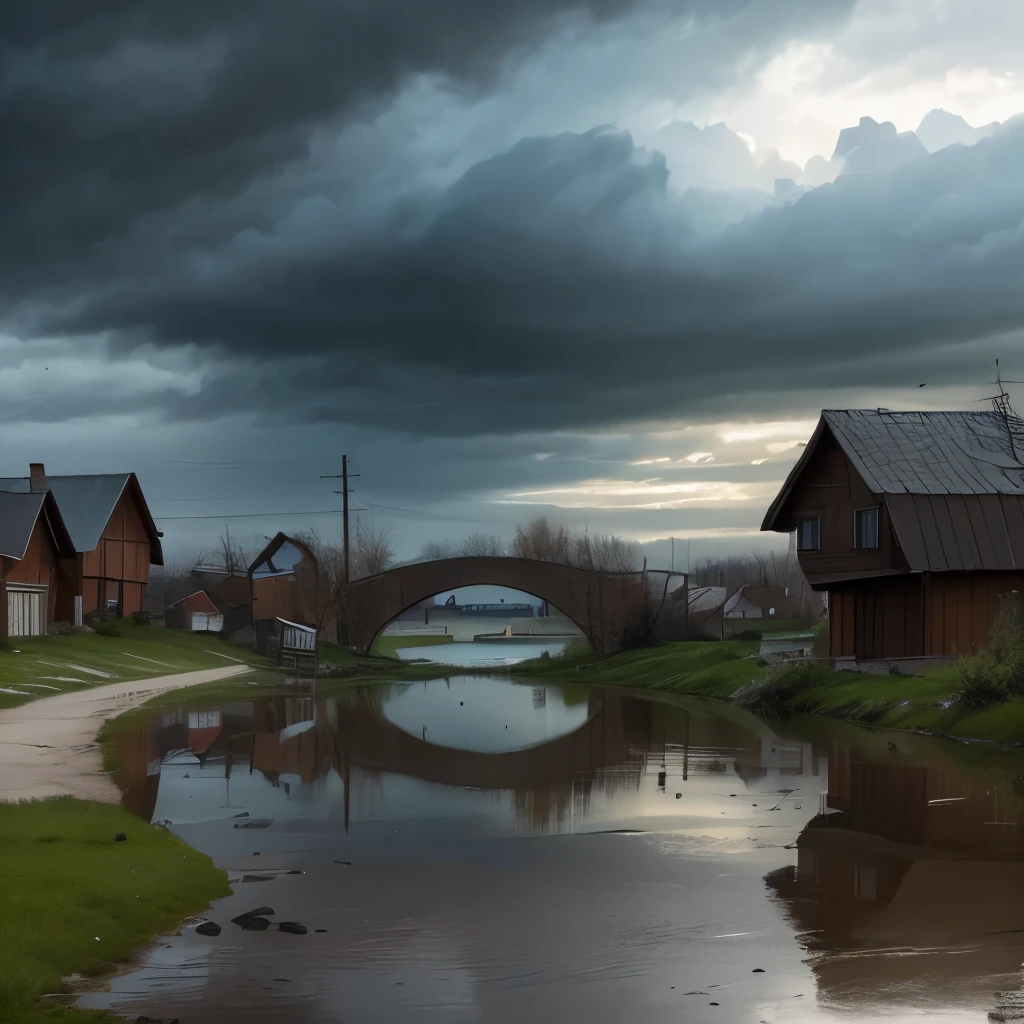 there is a river with a bridge and a house in the distance, russian landscape, russian village, gloomy weather. high quality, against a stormy sky, by Svetlin Velinov, of a small village with a lake, russian villages at background, hdr photo, by Ihor Podolchak, by Pavel Fedotov