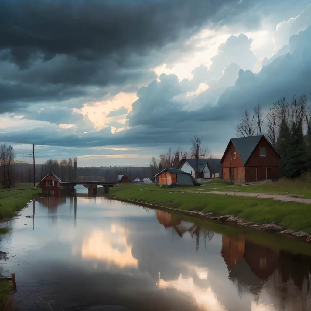 there is a river with a bridge and a house in the distance, russian landscape, russian village, gloomy weather. high quality, against a stormy sky, by Svetlin Velinov, of a small village with a lake, russian villages at background, hdr photo, by Ihor Podolchak, by Pavel Fedotov