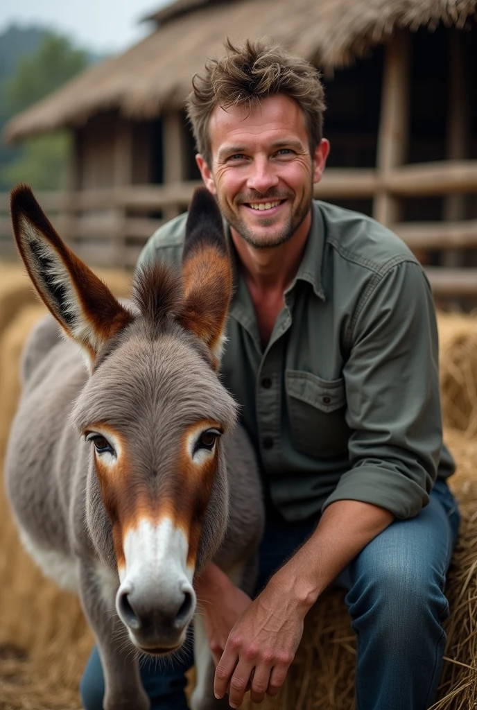 Young cute handsome beautiful 2 beardless taking perfect face next to him a donkey on the rope on a farm shirtless