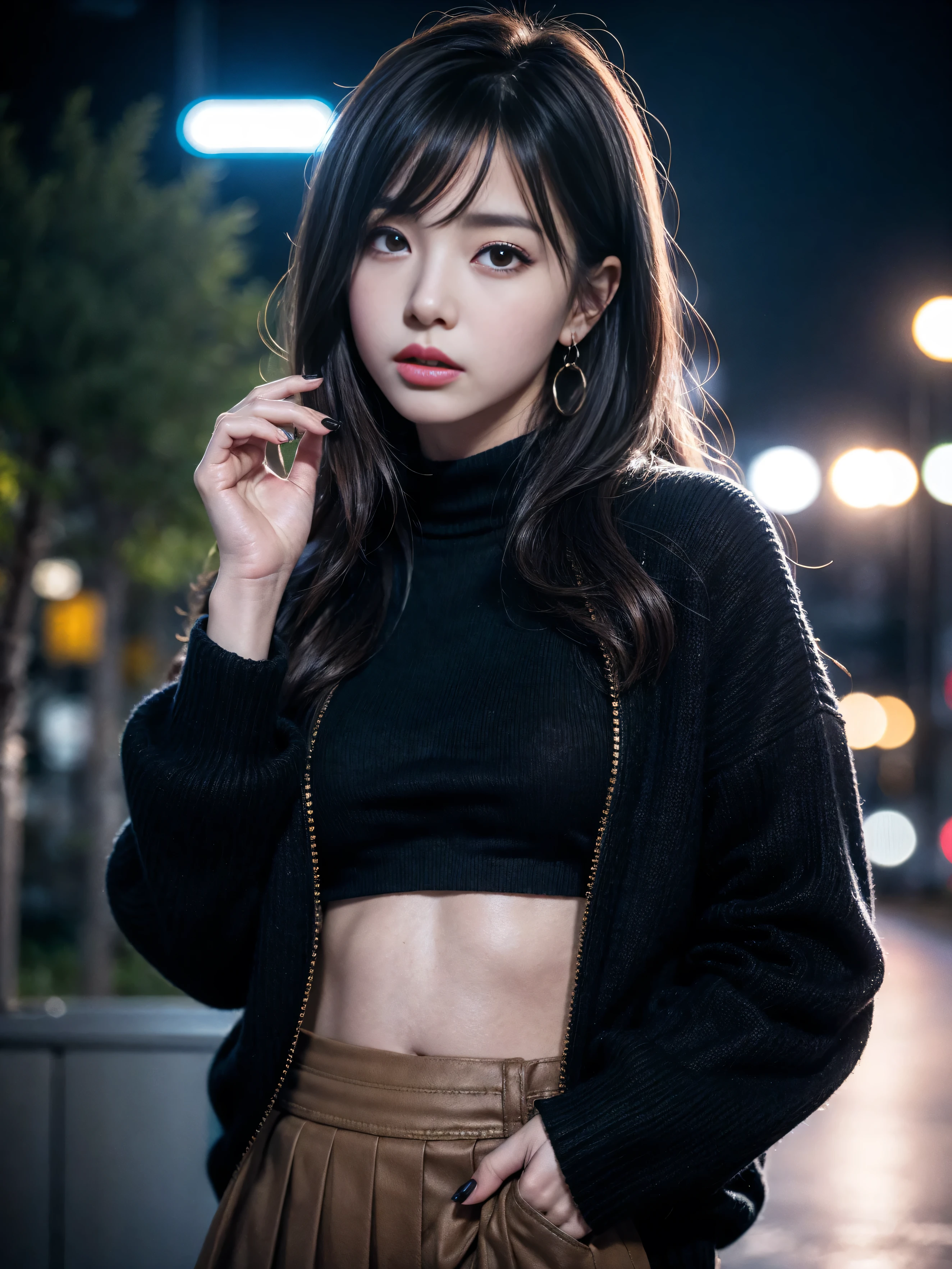 rolua,, , 1girl, ahoge, bangs, black skirt, black sweater, blue nails, blurry, blurry background, breasts, brown eyes, brown hair, brown jacket, closed mouth, dated, day, depth of field, earrings, eyelashes, hand up, head tilt, jacket, jewelry, long hair, long sleeves, looking at viewer, medium breasts, nail polish, open clothes, open jacket, outdoors, puckered lips, shirt tucked in, sidelocks, skirt, sleeves past wrists, solo, sweater, upper body, zipper, , , ((masterpiece)), ,