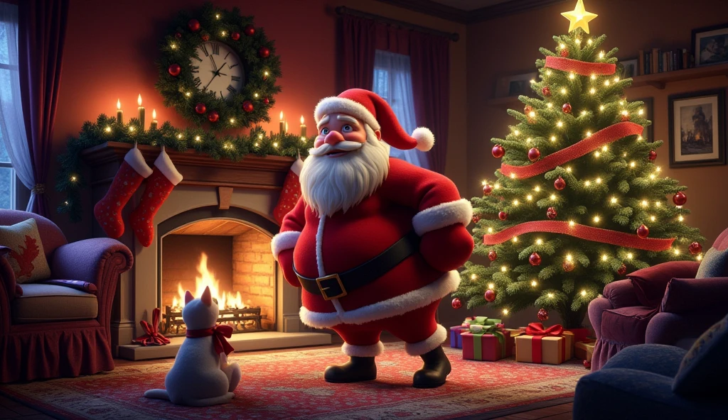 disney-pixar, pixar style, christmas tree, fat santa claus trying to squeeze through the fireplace to put presents under the Christmas tree