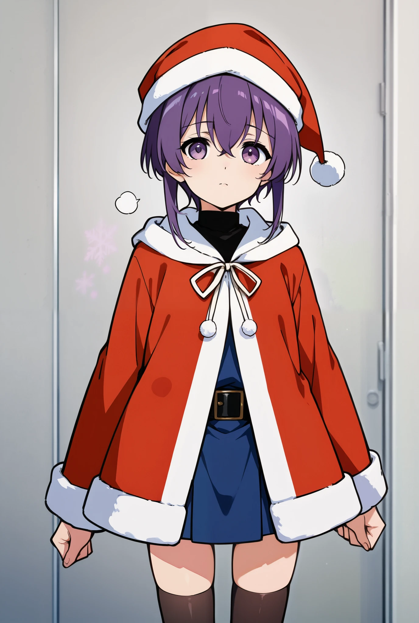 tall body, tall, long legs, mature female, mature, adult, simple background eft_vermeil, 1girl, solo, breasts, purple hair, black dress, red eyes, large breasts, medium hair, looking at viewer,, hair between eyes, short hair, blue hair, multicolored hair,, long hair, blush, red capelet, christmas, santa dress, capelet, dress, fur-trimmed capelet, santa costume, santa hat, red dress, red headwear, bangs, breasts, fur-trimmed dress, hat, fur trim, upper body, masterpiece, best quality