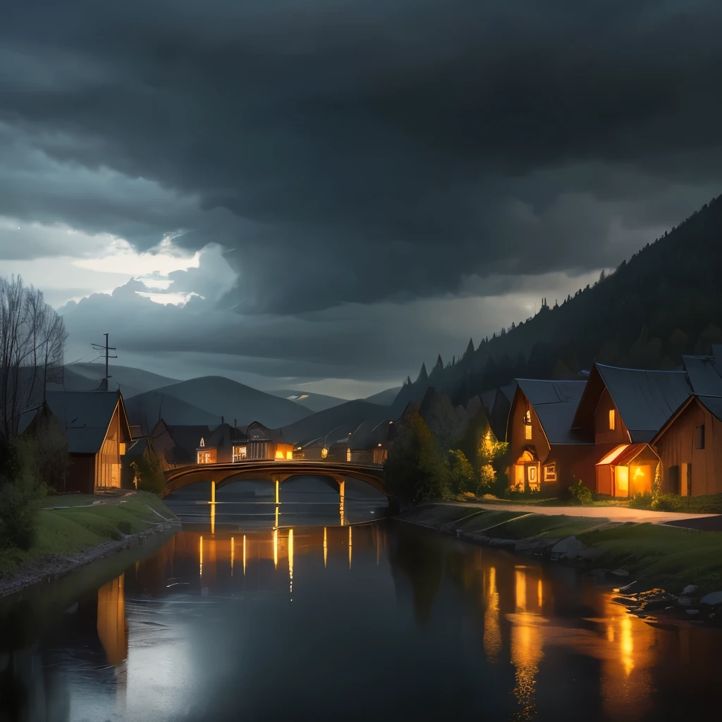 there is a river with a bridge and a house in the distance, russian landscape, russian village, gloomy weather. high quality, against a stormy sky, by Svetlin Velinov, of a small village with a lake, russian villages at background, hdr photo, by Ihor Podolchak, by Pavel Fedotov