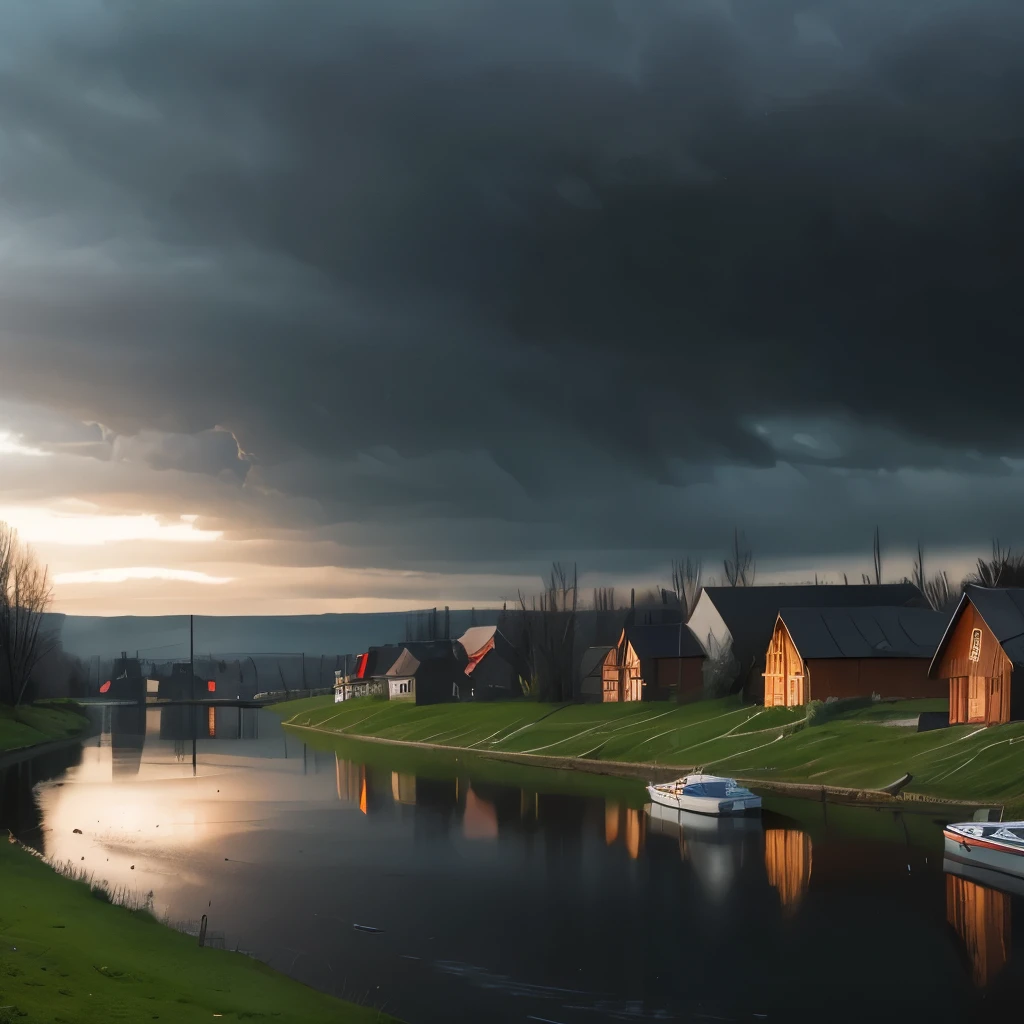 there is a river with a bridge and a house in the distance, russian landscape, russian village, gloomy weather. high quality, against a stormy sky, by Svetlin Velinov, of a small village with a lake, russian villages at background, hdr photo, by Ihor Podolchak, by Pavel Fedotov