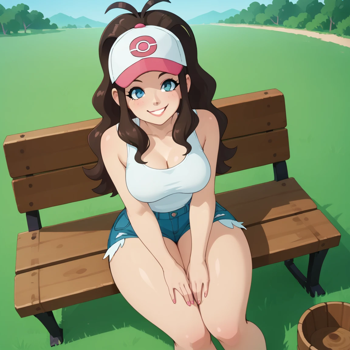 score_8_above, score_9_above, female, , Hilda de pokemon, sitting on the bench, outside, Alone,  thick thighs , to smile, outside, 