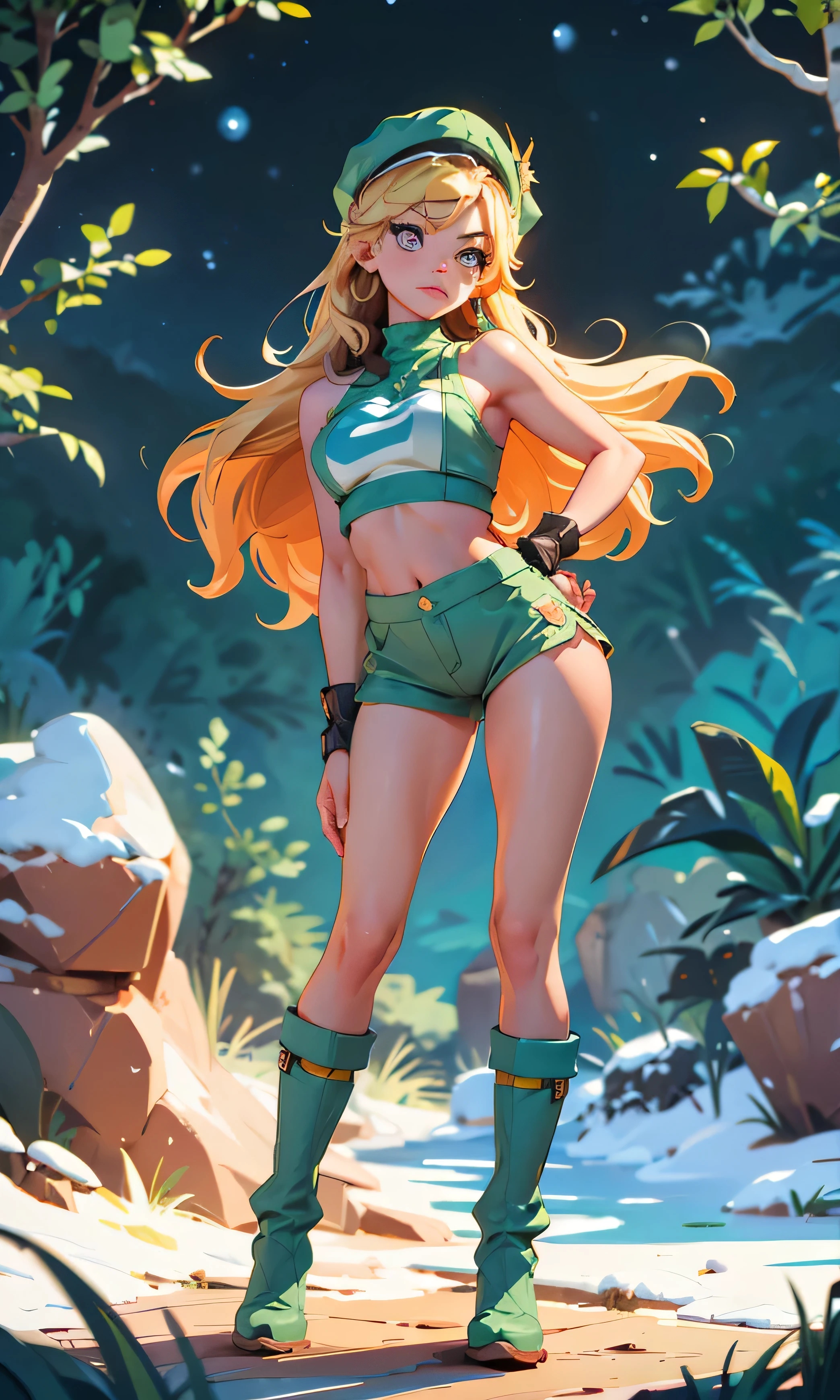 Masterpiece, 1 girl, beautiful, slim, head on, looking at the spectator , long hair, blond hair , brown eyes, arched eyebrows , Full body , breasts, pretty legs, abdomen plano, wool cap, Micro Top Verde, Crop top, bare shoulders, neckline, Ripped top , green shorts , green winter boots, (((desnuda))), in the woods, dark sky, dry trees ,