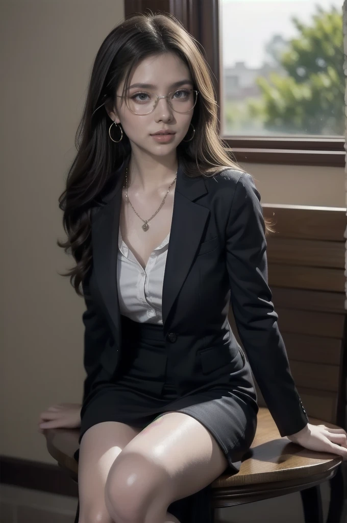 ,School classroom background.Intellectual beauty,  Ivory Shiny Silky Slightly Disheveled Wavy Half Up,  hair clips, compensate, Grace, dignity,  Attractive blue eyes, Glasses, Laugh like a mischievous ,  happy , shy, Curvaceous,  Wearing a Black Business Suit and Miniskirt , Open-collar white shirt,  earrings for a woman alone,  Necklaces ,  Sitting in the Break Room Relaxing , BREAK Various effects,  Delicate and Dynamic Textures ,  light and dark contrast , 2.5D,  Artistic Photo ,  surreal,  Digital Graphic CG , Break Super Details, Absolute determination,  best quality
