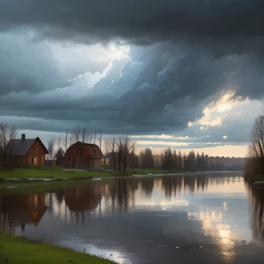 there is a river with a bridge and a house in the distance, russian landscape, russian village, gloomy weather. high quality, against a stormy sky, by Svetlin Velinov, of a small village with a lake, russian villages at background, hdr photo, by Ihor Podolchak, by Pavel Fedotov