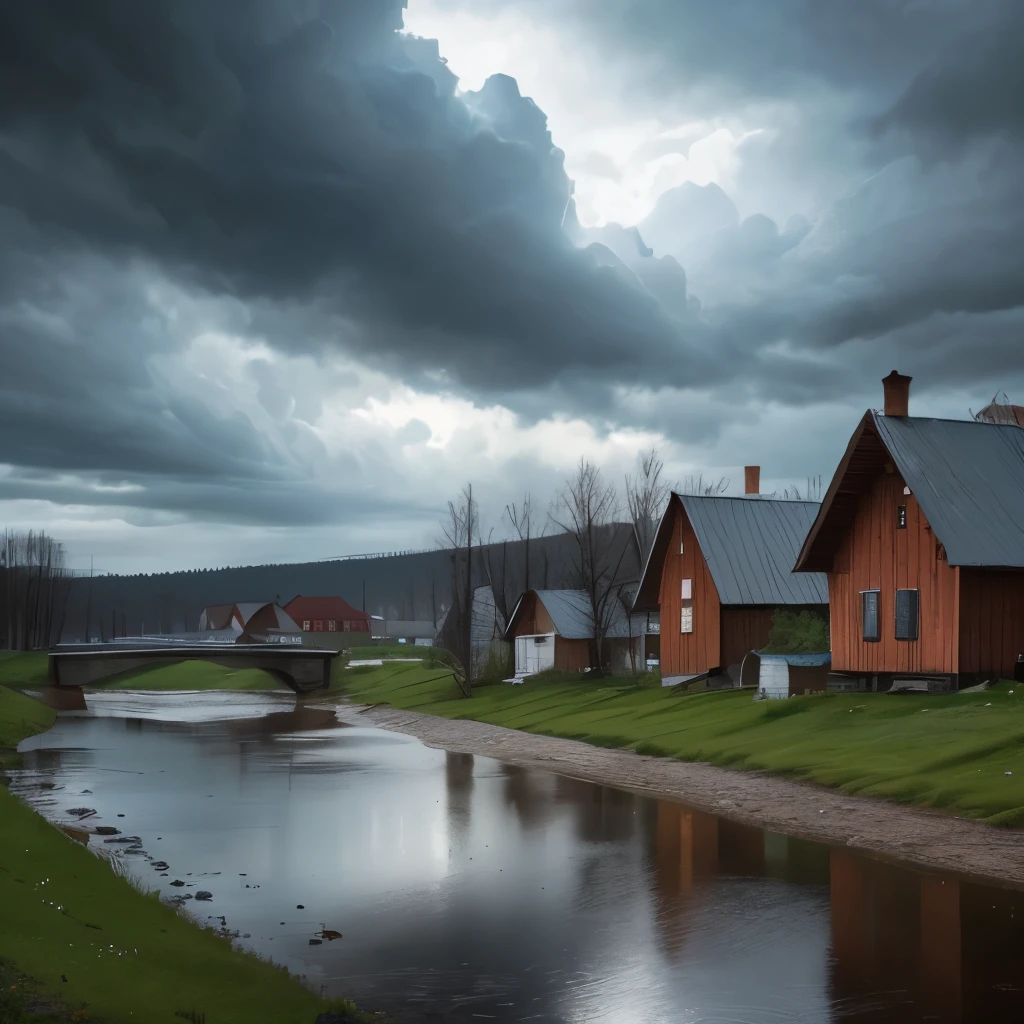 there is a river with a bridge and a house in the distance, russian landscape, russian village, gloomy weather. high quality, against a stormy sky, by Svetlin Velinov, of a small village with a lake, russian villages at background, hdr photo, by Ihor Podolchak, by Pavel Fedotov